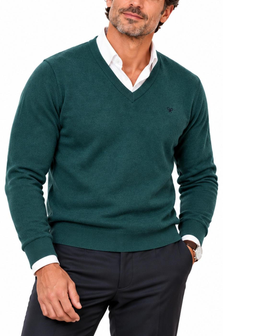 Jersey Silbon cuello pico verde petróleo punto de hombre