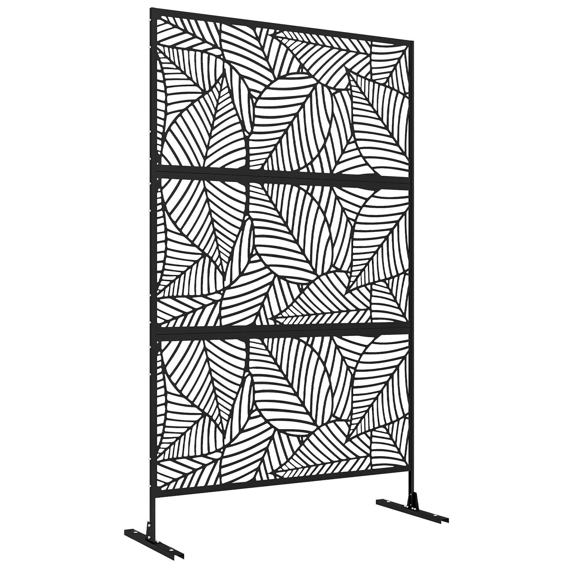 Outsunny Biombo de 3 Paneles, 122x198 cm, Biombo Separador de Ambientes con Soporte y Tornillos de Expansión, Diseño de Hojas Grandes, para Exterior, Jardín, Patio, Terraza, Negro