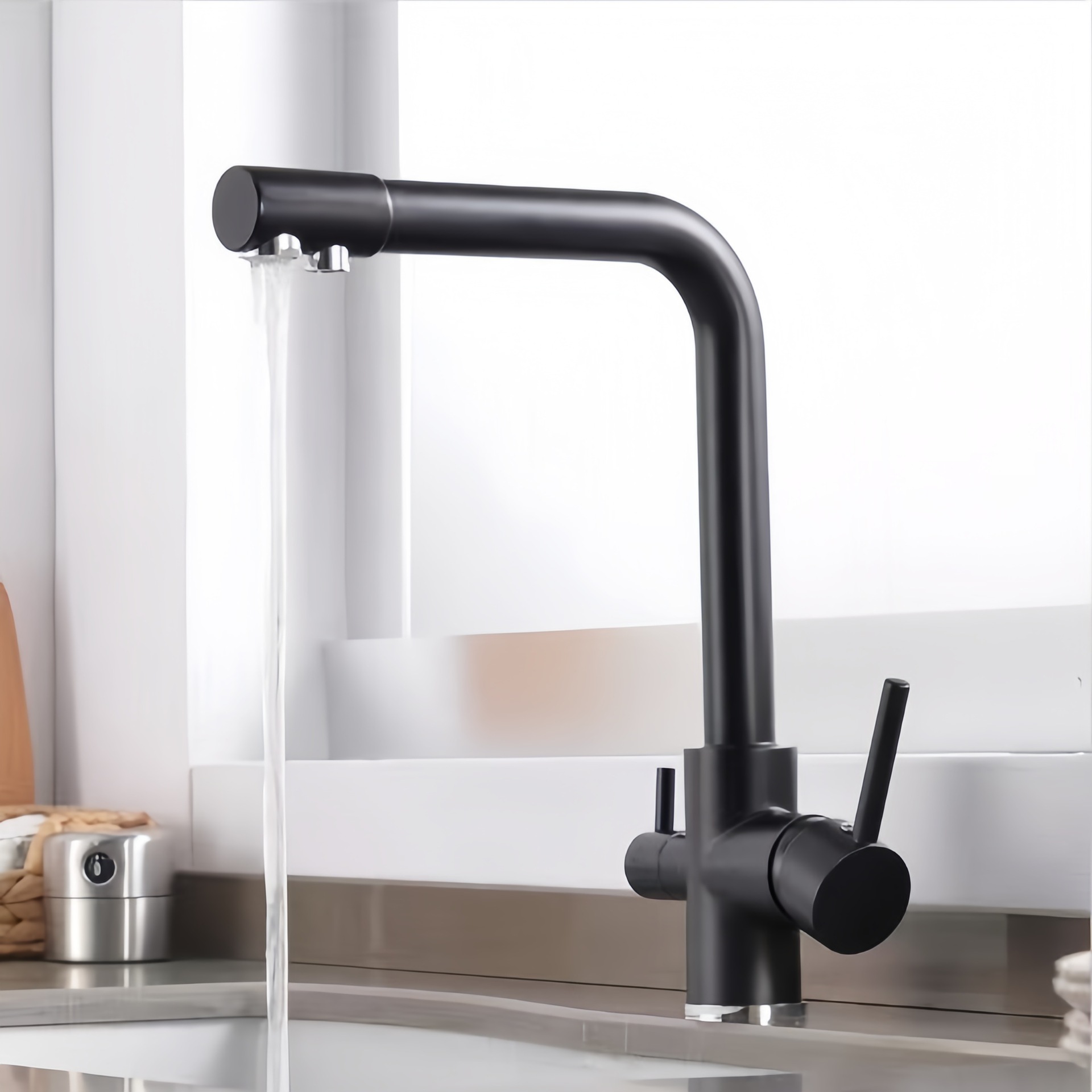 TK Grifo de Cocina 3 Vías Osmosis with Ducha Extraible, Grifo Osmosis Fregadero 360 ° Giratorio, Grifo de Cocina Fregadero with Ducha, Grifo Cocina Osmosis, Negro Mate