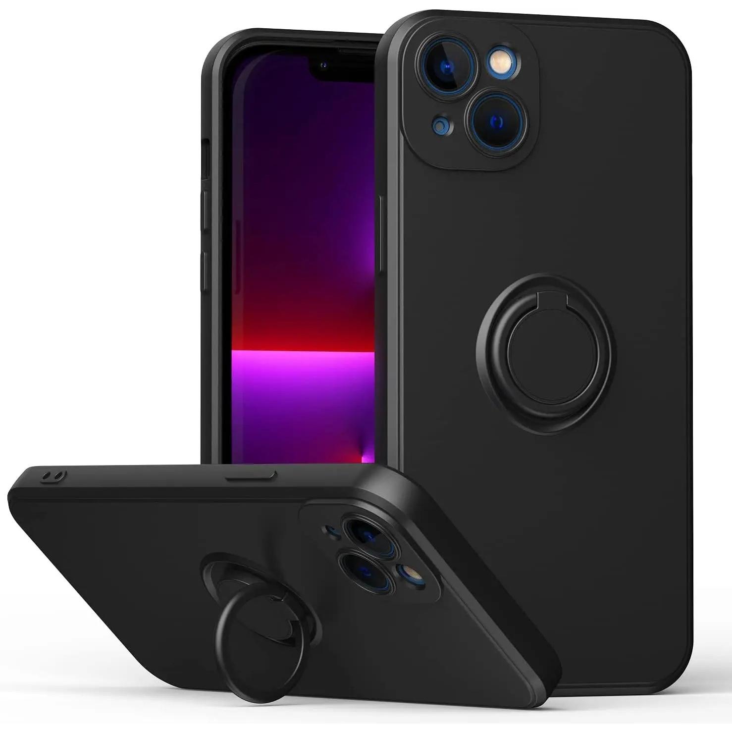 Funda De Silicona Con Anillo Giratorio Para Iphone 12 13 14 Pro Max Mini Plus Flexible Microfibra Suave Soporte Anillo Giratorio Magnético Varios Colores Naranaja Negro Azul Morado Verde Agua