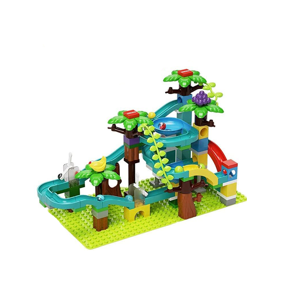 Circuito de canicas jungla con 124 piezas, bloques de construcción creativos tipo selva, pista de bolas con rampas, toboganes y accesorios de animales y frutas, juguete educativo para niños y niñas