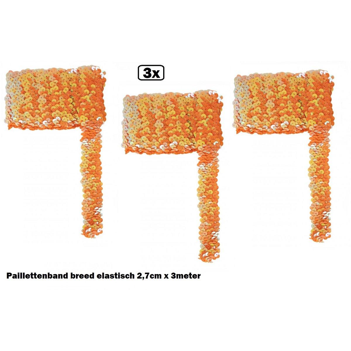 3x Cinta elástica ancha de lentejuelas naranjas de 2,7 cm x 3 metros - Ropa para fiestas temáticas de lentejuelas