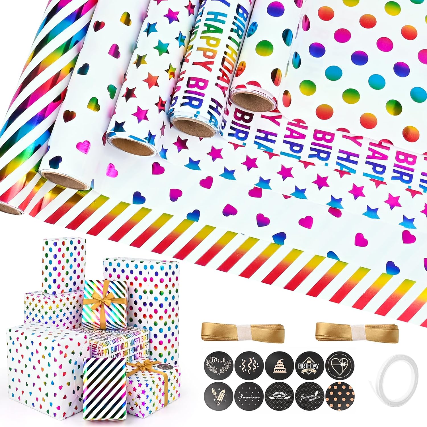 Juego de 5 rollos de papel de regalo, papel de bolsa multicolor 43cm x 300cm, papel de regalo para Navidad, cumpleaños, bodas, Acción de Gracias, regalos de nacimiento, día de San Valentín (colorido)