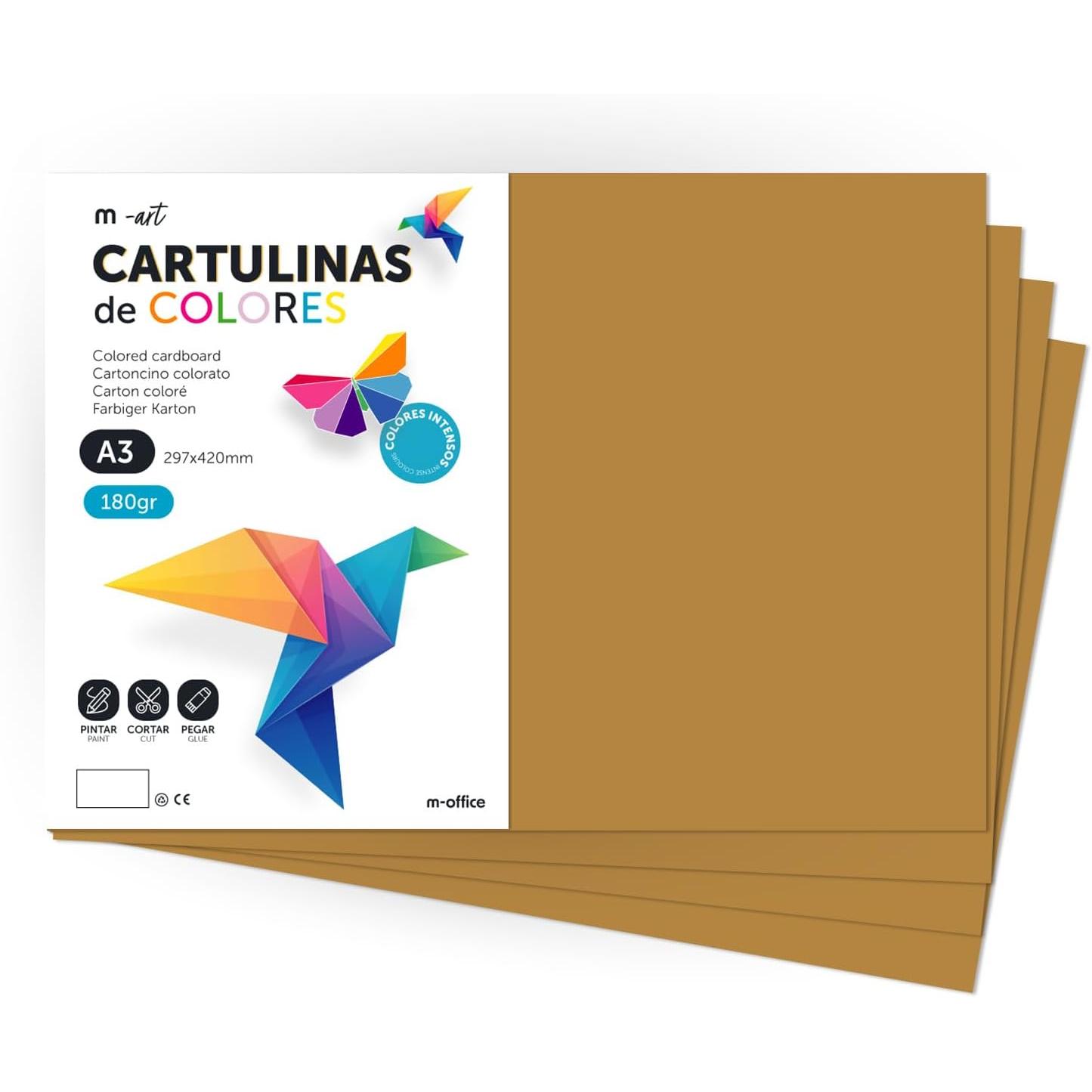 Cartulina de Colores, Cartulina A4 Colores Intensos, Hojas de Colores 180gr para Manualidades, Imprimir tus Documentos y Diseños Creativos, Folios de Colores A4 · m-office (200 hojas, Marron Claro)