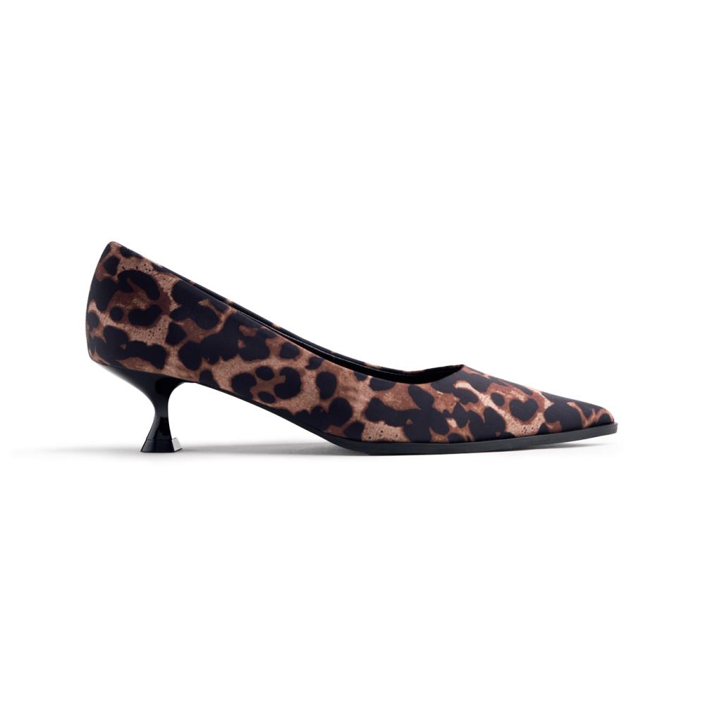 Zapatos de salón para mujer en tejido satinado con estampado animal, tacón bajo de 4 cm