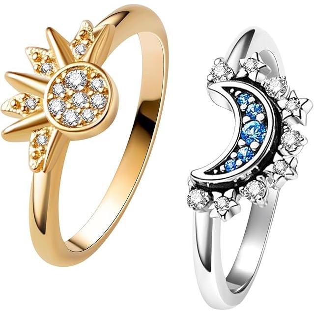 Conjunto de anillos celestiales de Sol y Luna, anillo de Sol/Luna Azul Brilliant, anillo de Promesa de Amistad