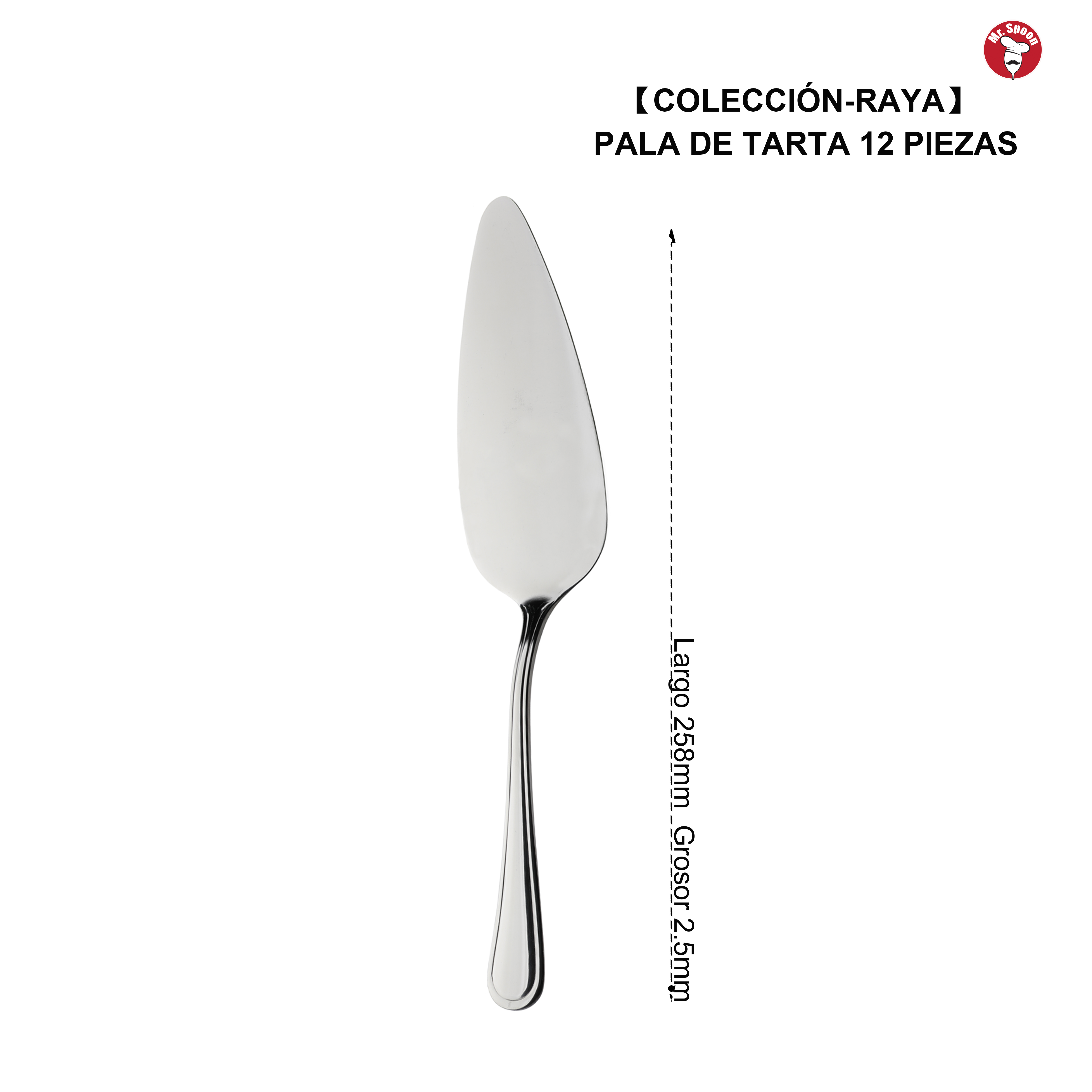 Mr.Spoon Serie Raya,Pala y Cuchillo para Tartas de 2, 6 o 12 piezas,Acero inoxidable 18/0,Plateado,Económico y funcional,Cuchillo de tarta largo283mm,Pala de tarta 258mm,Mango monobloque,Apto para lavavajillas,Empaque ecológico,Para casa,hotel,restaurante