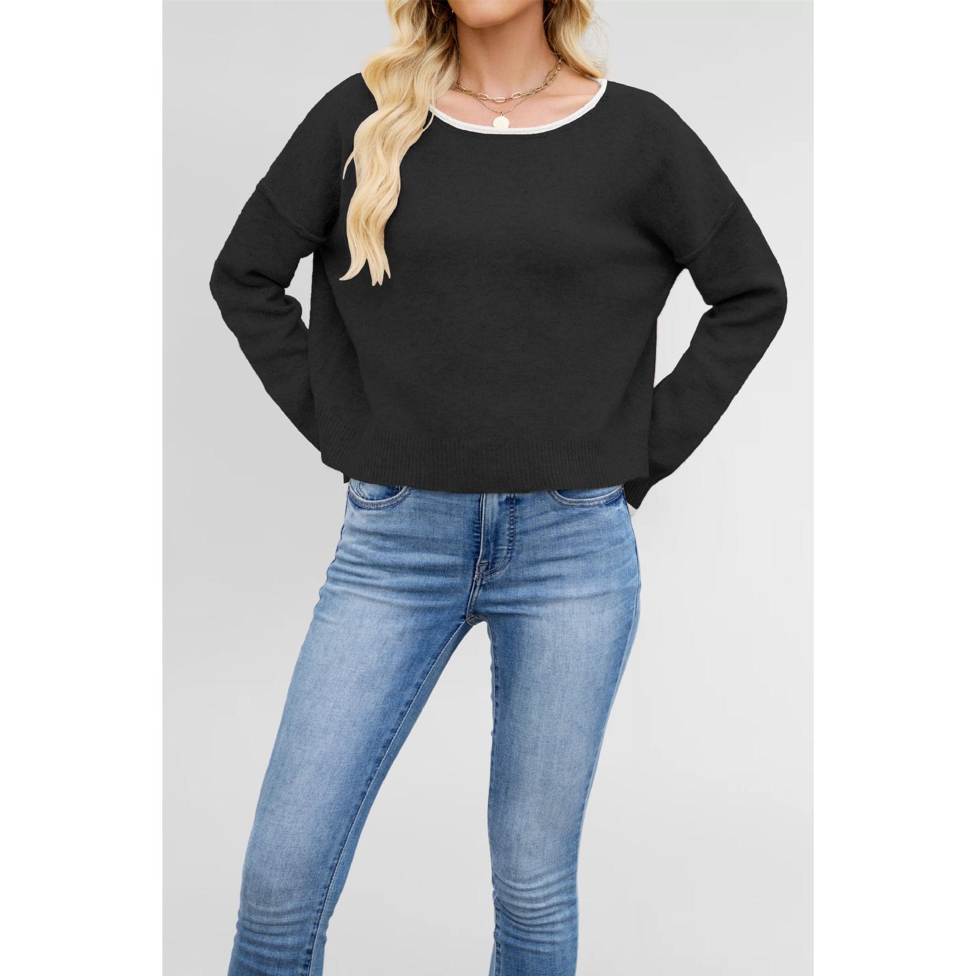 TK Suéter de punto con cuello redondo y bloques de color para mujer, suéter holgado y versátil para otoño/invierno