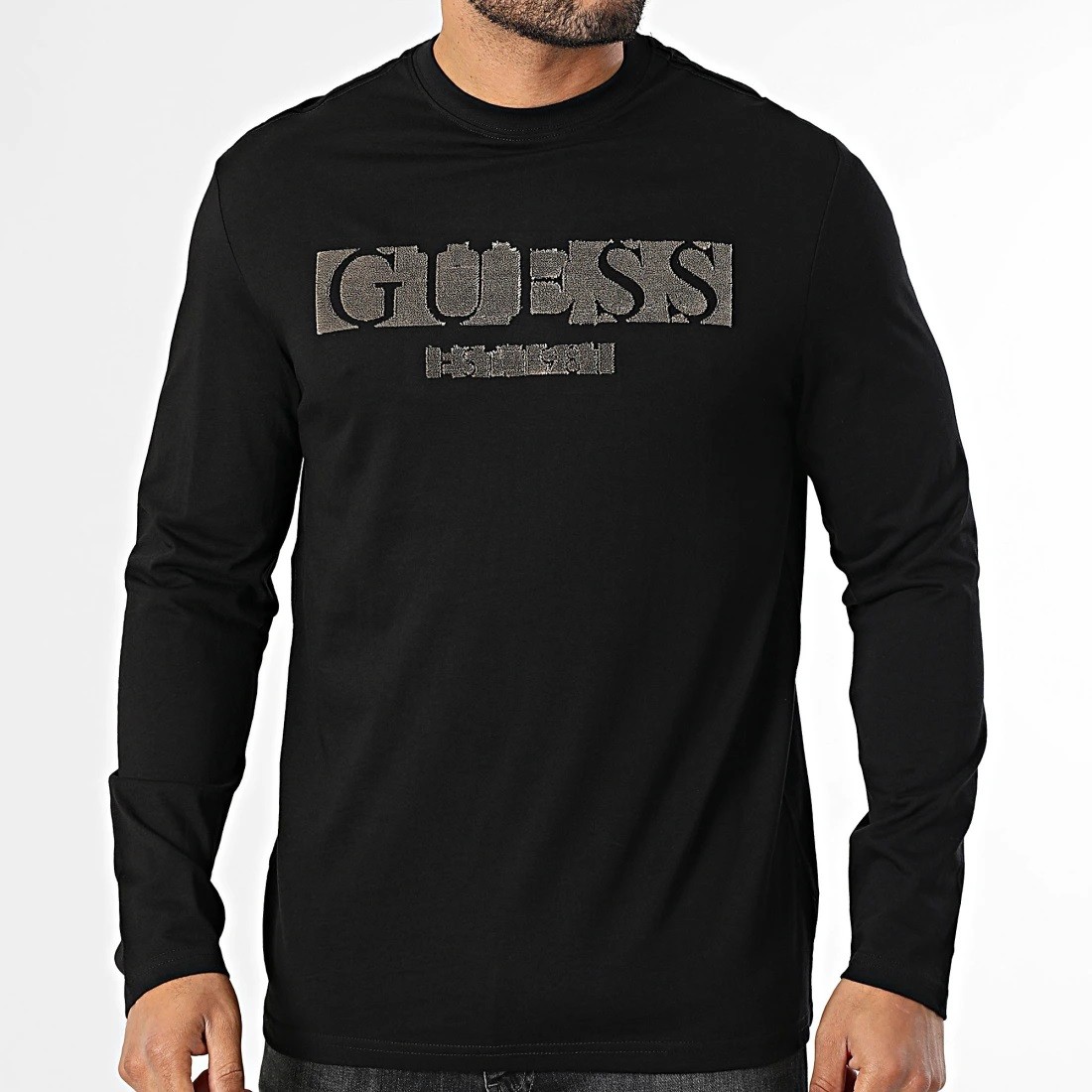 CAMISETA GUESS M/L FLOCK LOGO TEE NEGRO