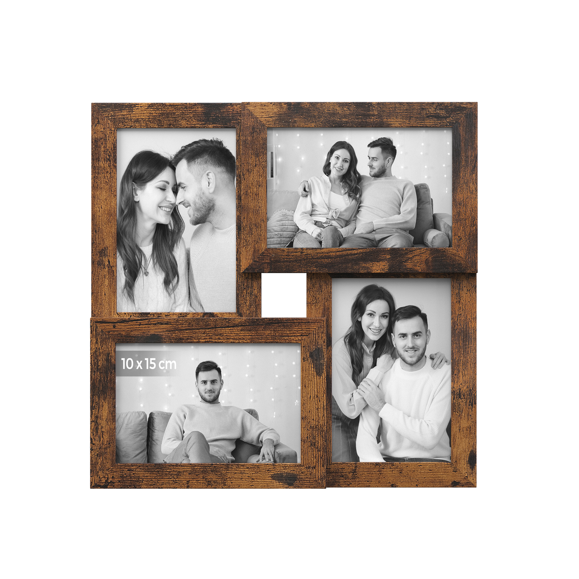 SONGMICS Collage de Marco de Fotos, 4 Marcos para Fotos 10 x 15 cm, Marcos de fotos para Pared, Marcos Múltiples, Decoración de pared, Blanco Nube/Dorado Pálido/Marrón Rústico/Negro Tinta, Regalo de Navidad