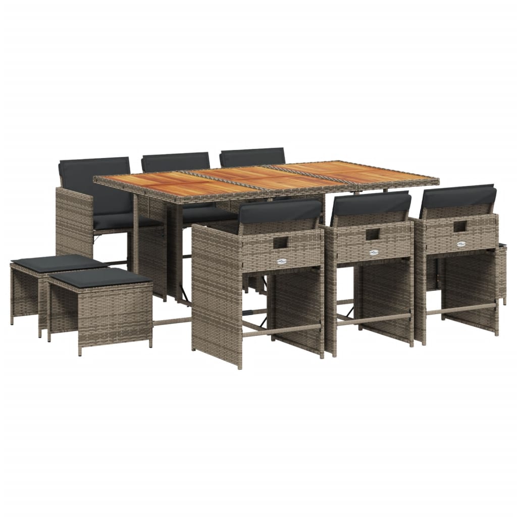 vidaXL Set de comedor de jardín 11 pzas y cojines ratán sintético gris
