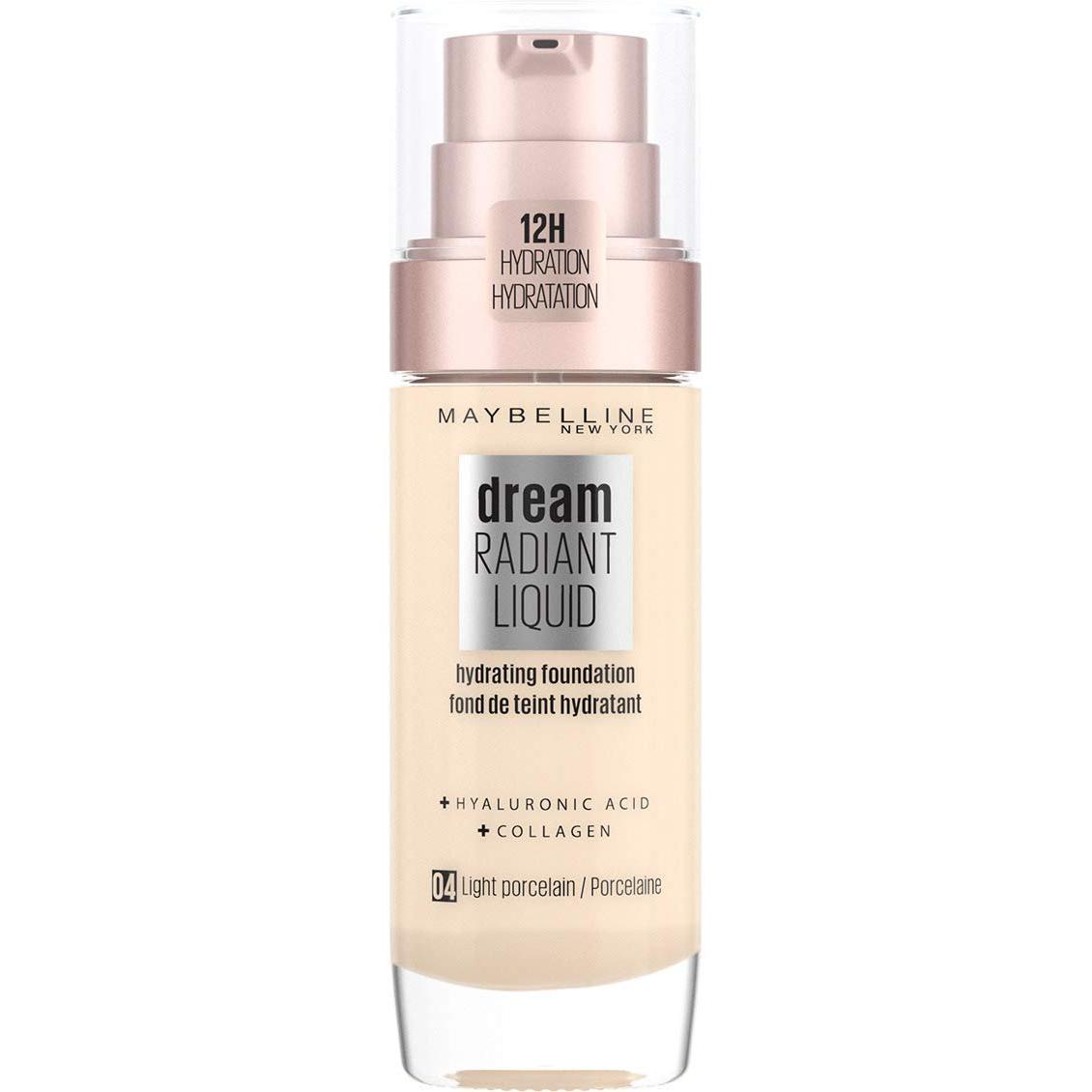 Maybelline Foundation, Dream Radiant Base de maquillaje hidratante líquida con ácido hialurónico y colágeno - Ligera, cobertura media hasta 12 horas de hidratación - 04 Light Porcelain