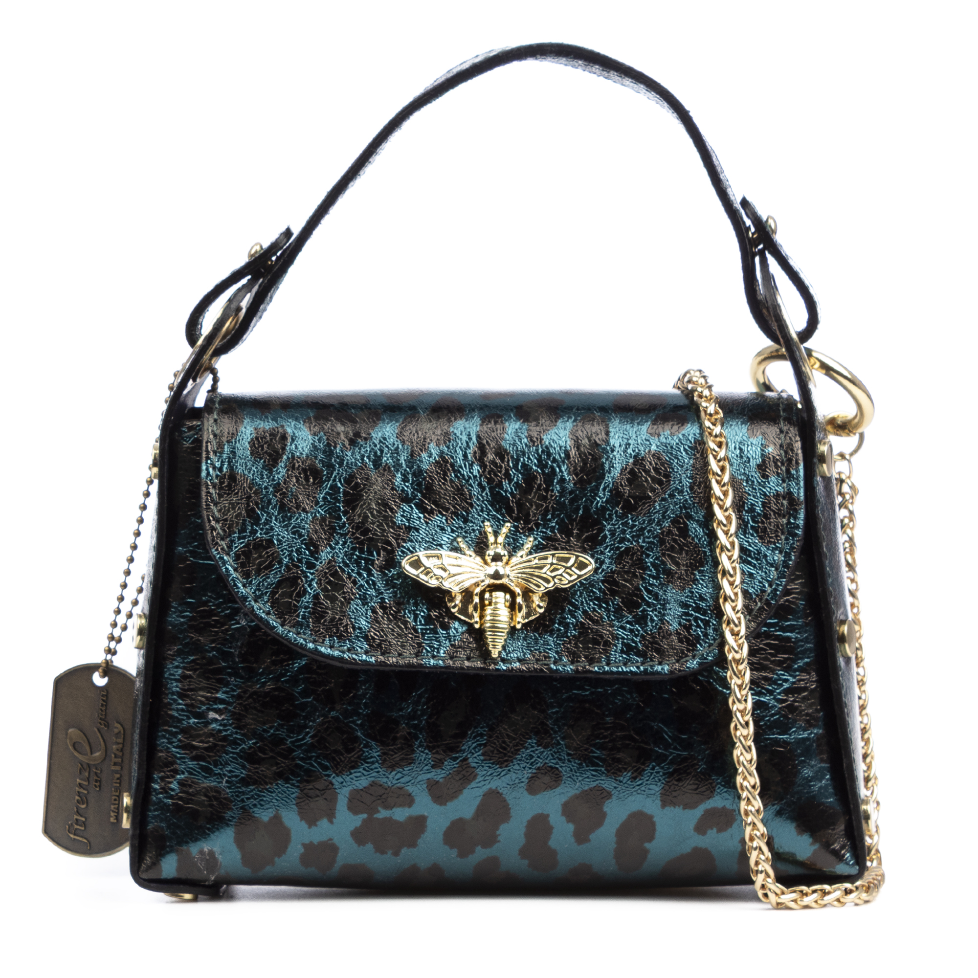 FIRENZE ARTEGIANI Aquileia bolso de mano mujer. Piel auténtica Gamuza con estampado animal print leopardo lacada brillante.