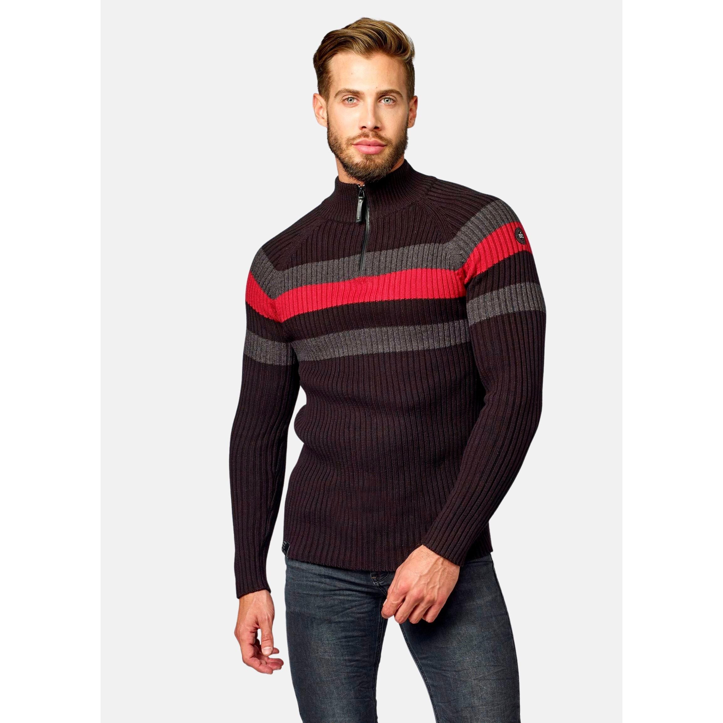 Koroshi - Jersey de punto canalé grueso 100% algodón para hombre con cuello alto y media cremallera, diseño raglán y rayas a contraste en el pecho