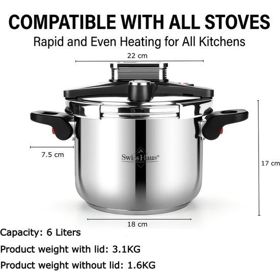 Olla a presión de inducción Swiss Haus® - Libre de PFAS - Acero inoxidable - Olla a presión para todo tipo de fuentes de calor - Cocción instantánea - Mecanismo de una sola mano - Acero inoxidable