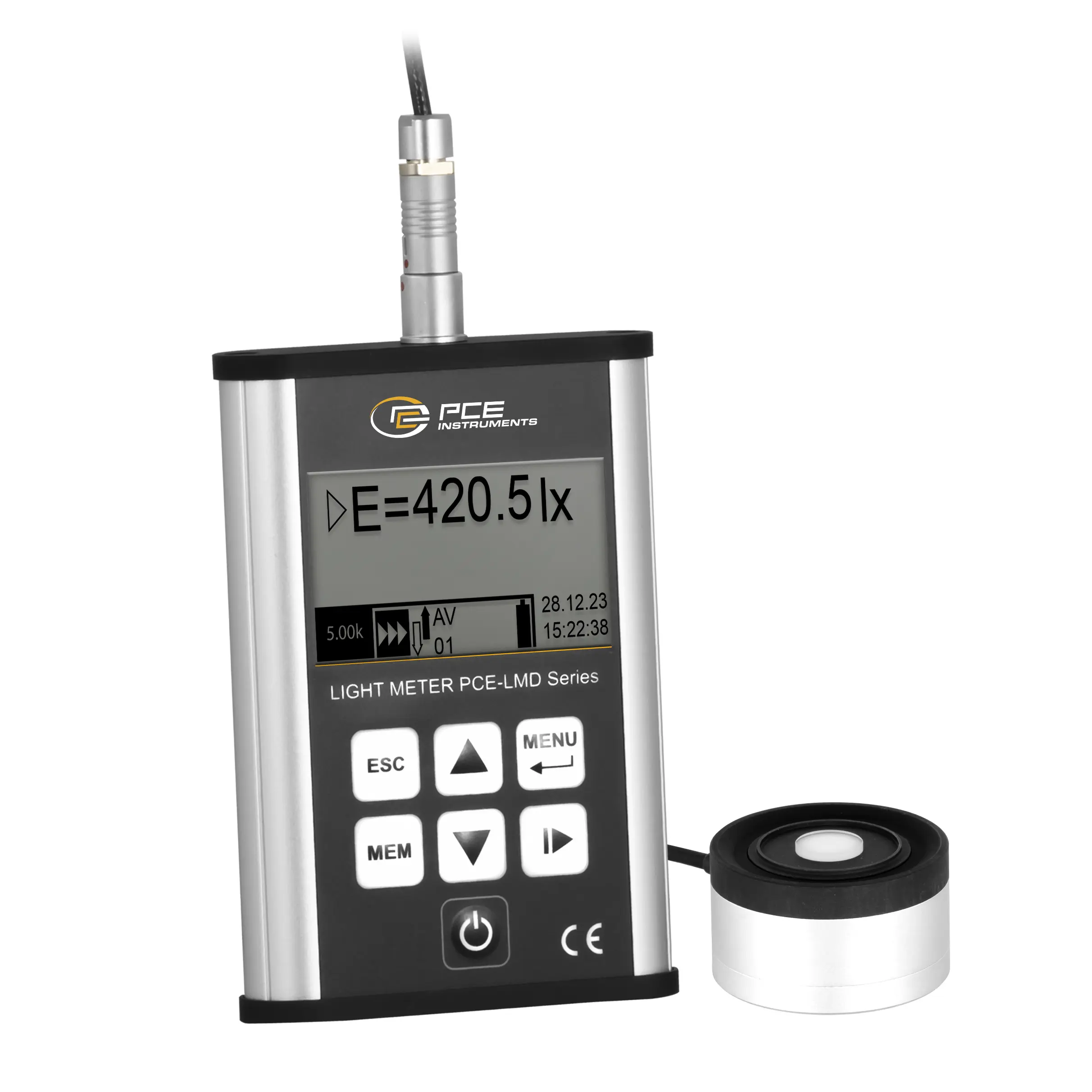 Luxómetro de clase A según DIN 5032-7 / Registro de datos con 8 GB de memoria / Rango de selección automático / Sensor externo / Opcional: Medición de luminancia / PCE Instruments