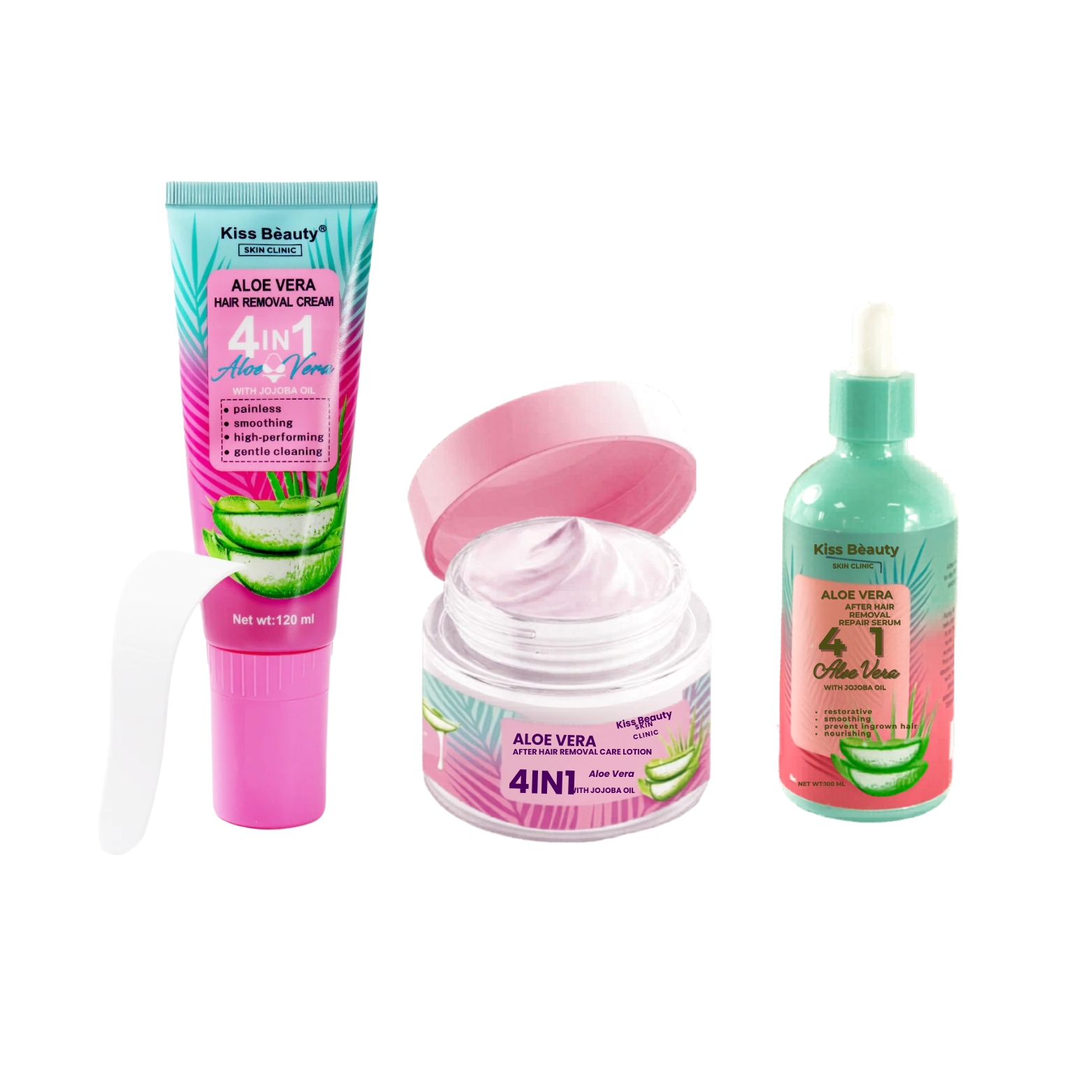 Pack Aloe Vera Kiss Beauty Cuidado Completo - Crema Depilatoria + Suero Reparador + Loción After Care - Con Aceite de Jojoba - Rutina Piel Suave y Sin Vello