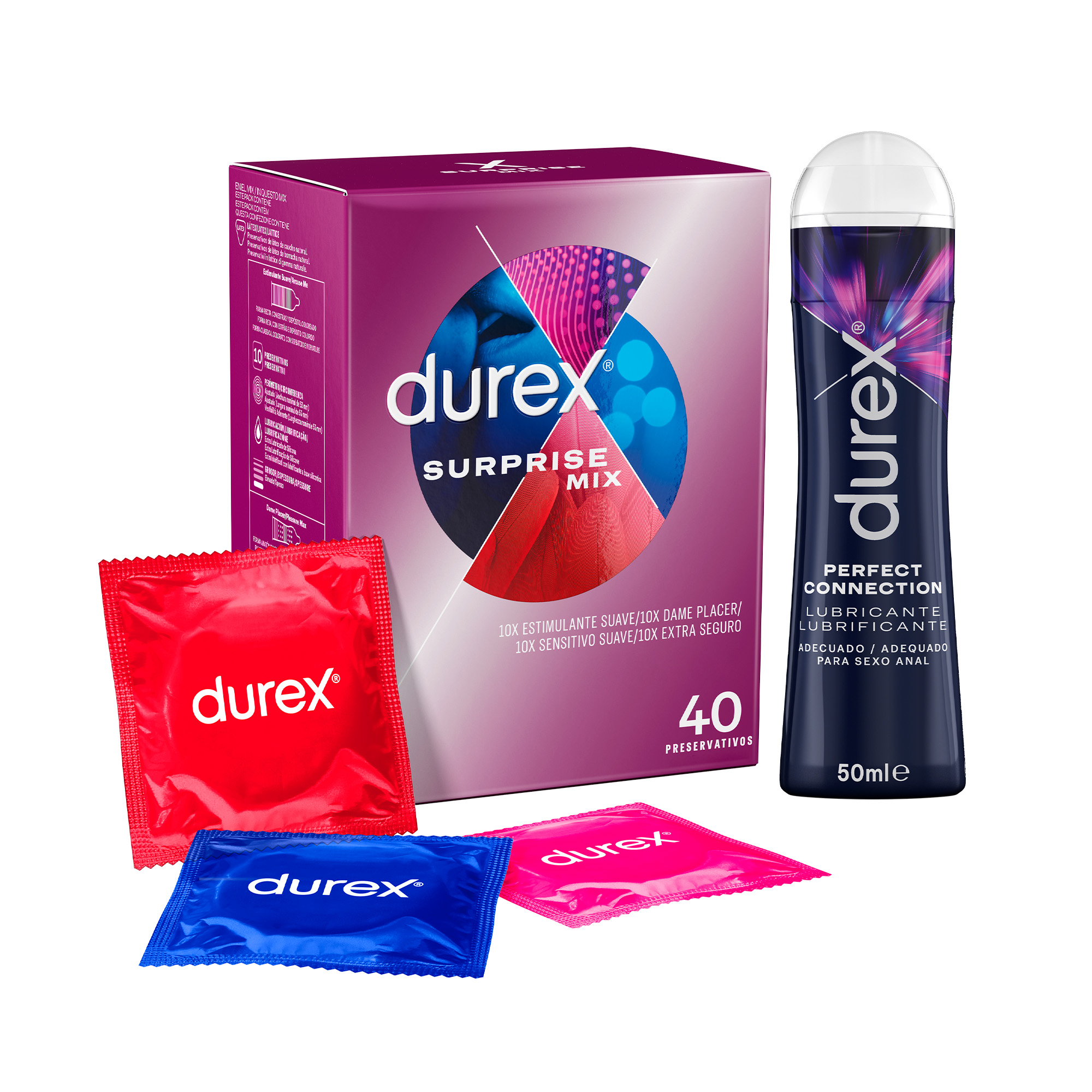 Durex - Surprise Mix 40 Condones Surtidos + Lubricante Perfect Connection 50 ml, Sensitivo Suave, Extra Seguro y Estimulante Suave
