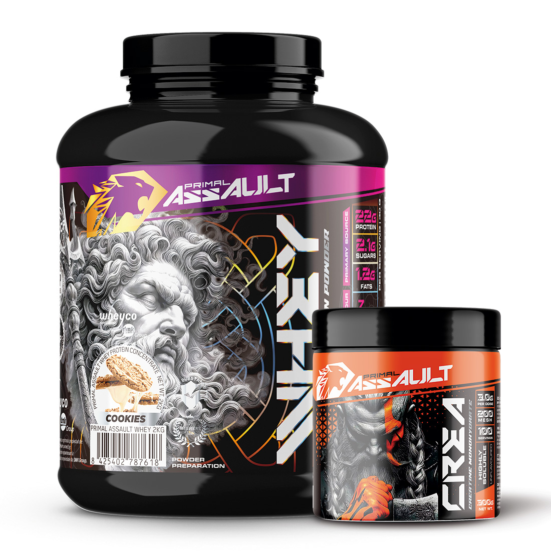 PRIMAL ASSAULT |  Pack de Proteina WHEY 2KG + Creatina en Polvo Sin Sabor 300g
