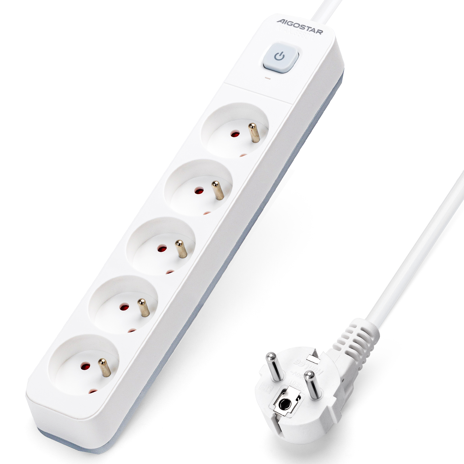 Aigostar Regleta alargador de 5 Tomas con Interruptor y Protección Infantil, 3/5 M, Francés, Blanco, 16A 250V