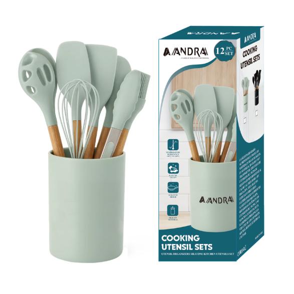 Set de Utensilios de Cocina de Silicona y Madera – Disponibles en Juegos de 6 y 12 Piezas – Antiadherentes, Libres de BPA y Resistentes al Calor