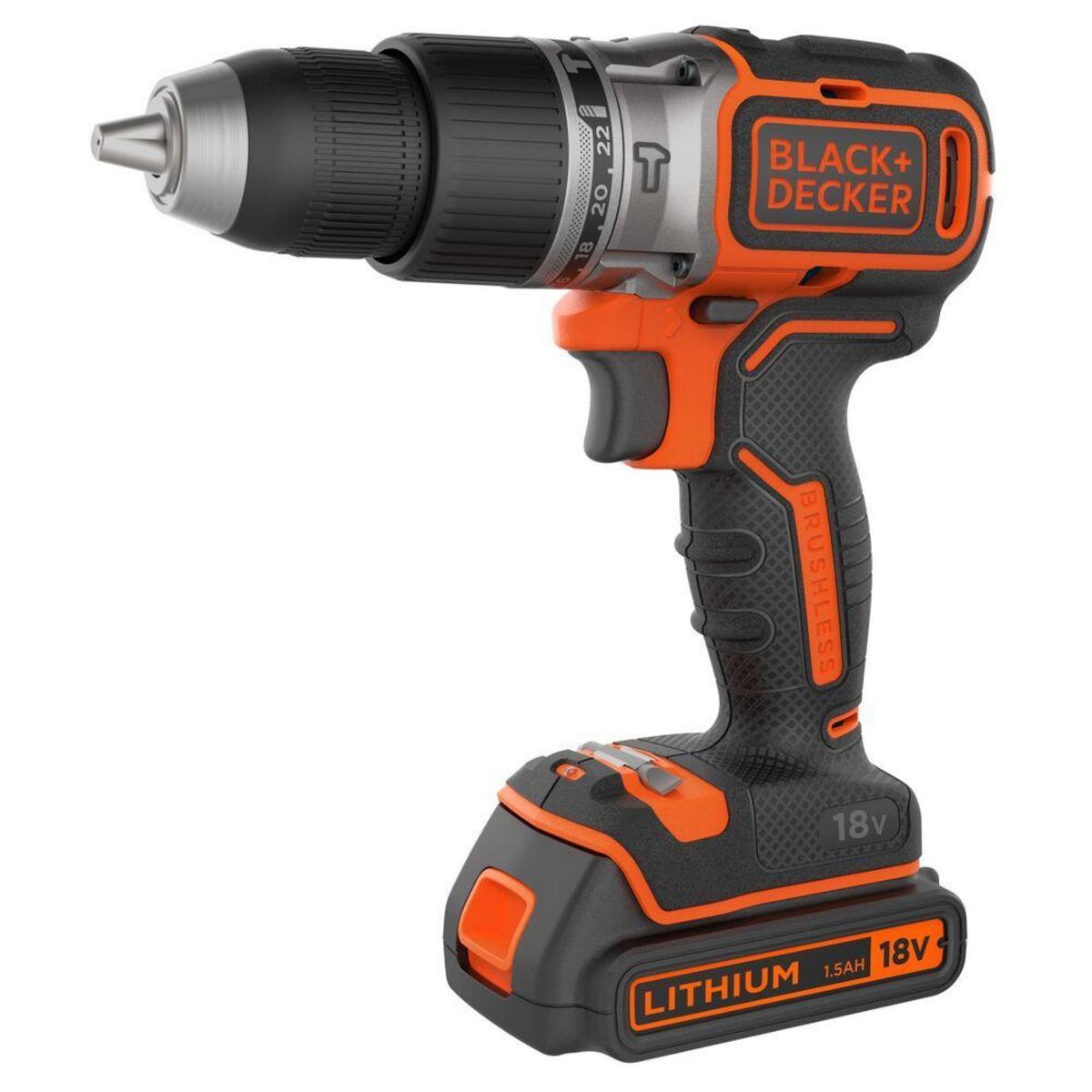 BLACK+DECKER – Taladro Percutor Brushless 18V BLACK + DECKER con 2 baterías 1,5Ah de Lítio, cargador 4A y maletín – BL188KB-QW.