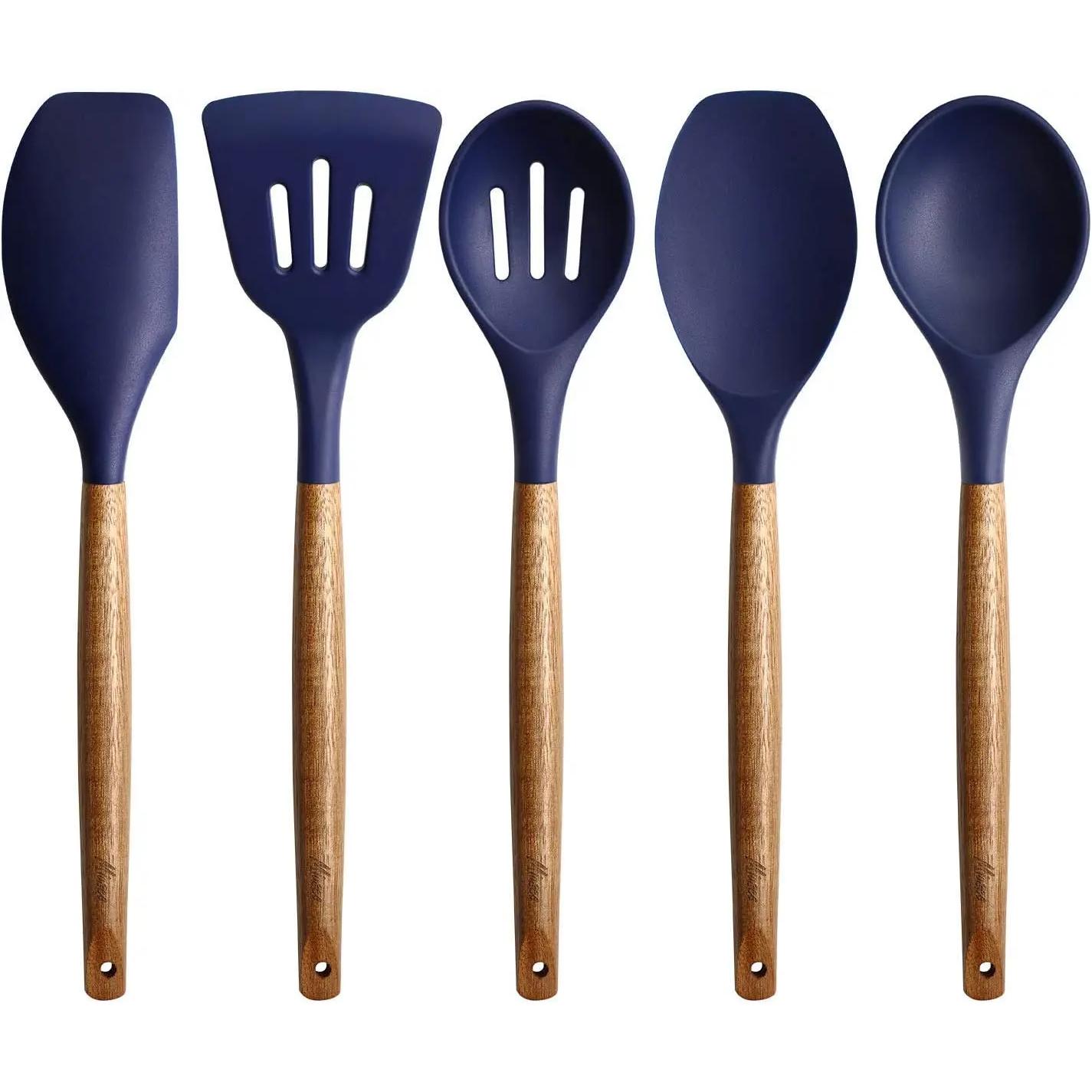 CA Juego de utensilios de cocina de silicona antiadherente, con mango de Madera de Acacia natural, 5 Unidades