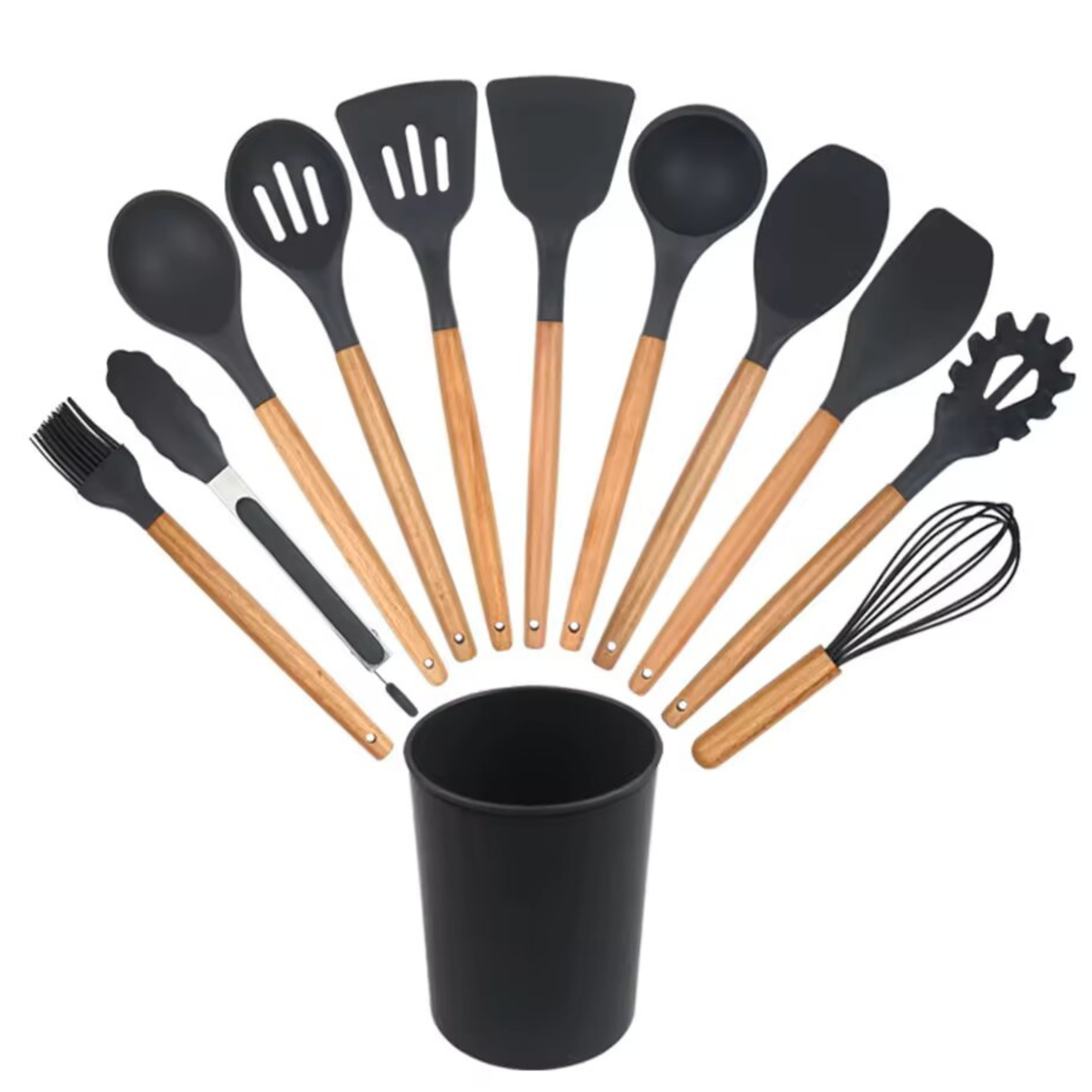 Set De 11 Utensilios De Cocina Elite, De Silicona Con Mango De Bambú, Disponible en Gris y Turquesa