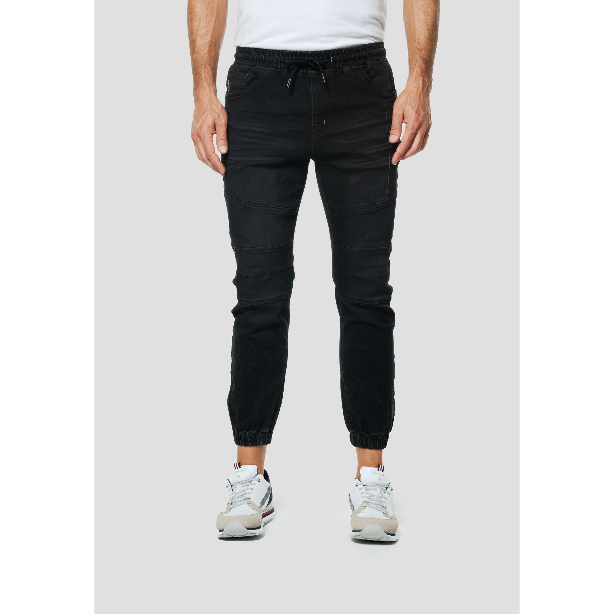 Koroshi - Jogger Denim Hombre Koroshi Jogger con cintura elástica y puños ajustados en tobillo, algodón-poliéster-elastano, azul medio y negro, para street style y ocio activo