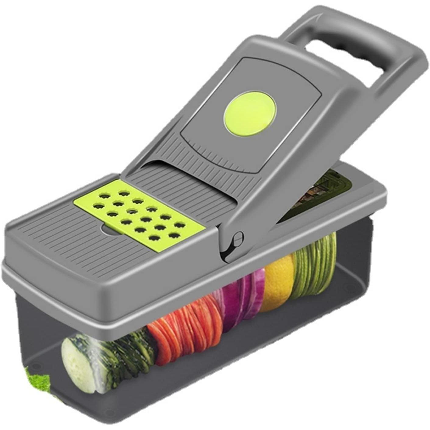 TK Cortador de verduras 8 en 1, rollador de cebolla, cortador de verduras con recipiente, 8 cuchillas, picadas, ensalada de frutas, juego de utensilios de cocina, plástico transparente, libre de BPA