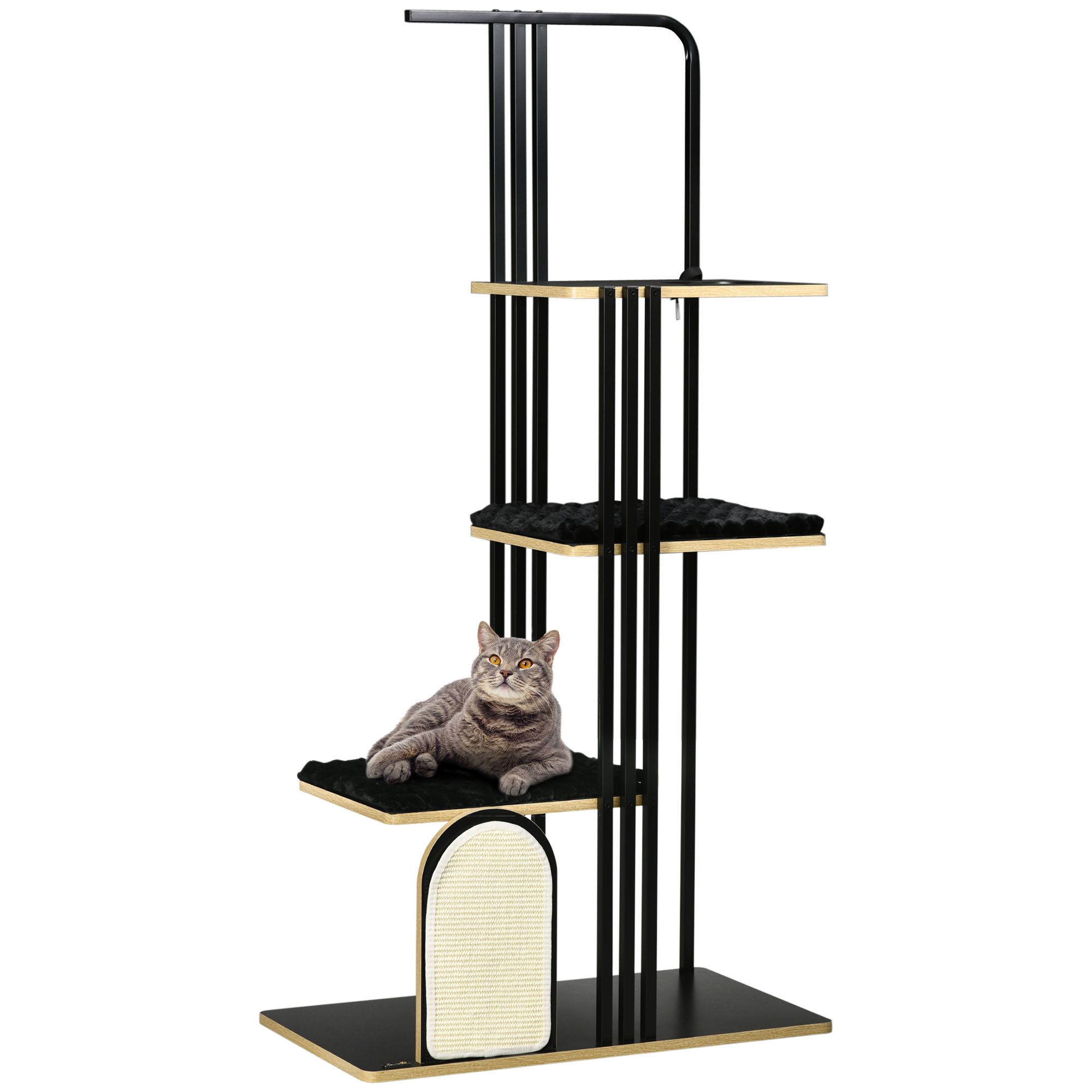 PawHut Rascador para gatos de 170 cm con cojín, árbol trepador con tabla rascadora, rascador para gatos con 3 plataformas, mueble para gatos, acero, negro