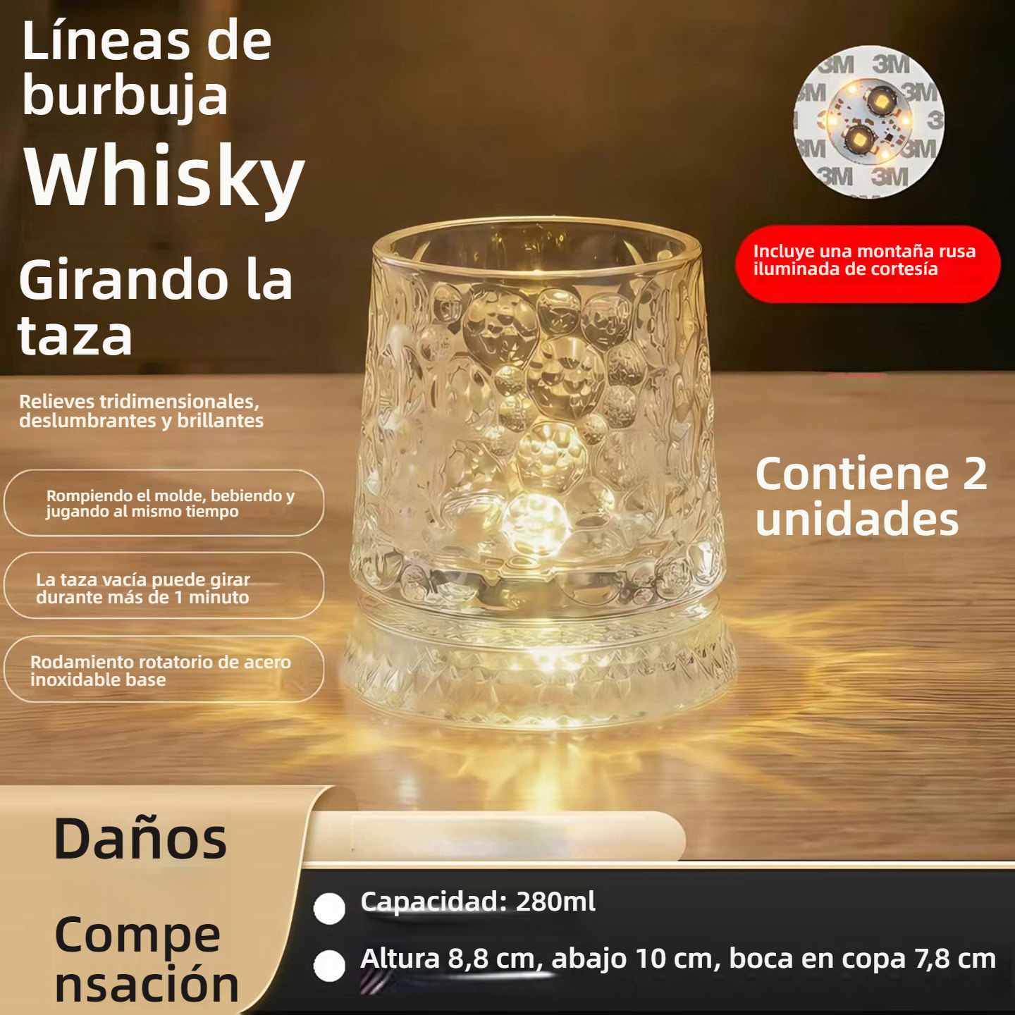 Set de vasos de vidrio giratorios con luz, tendencia en redes sociales, ideales para el hogar, diseño elegante y llamativo.