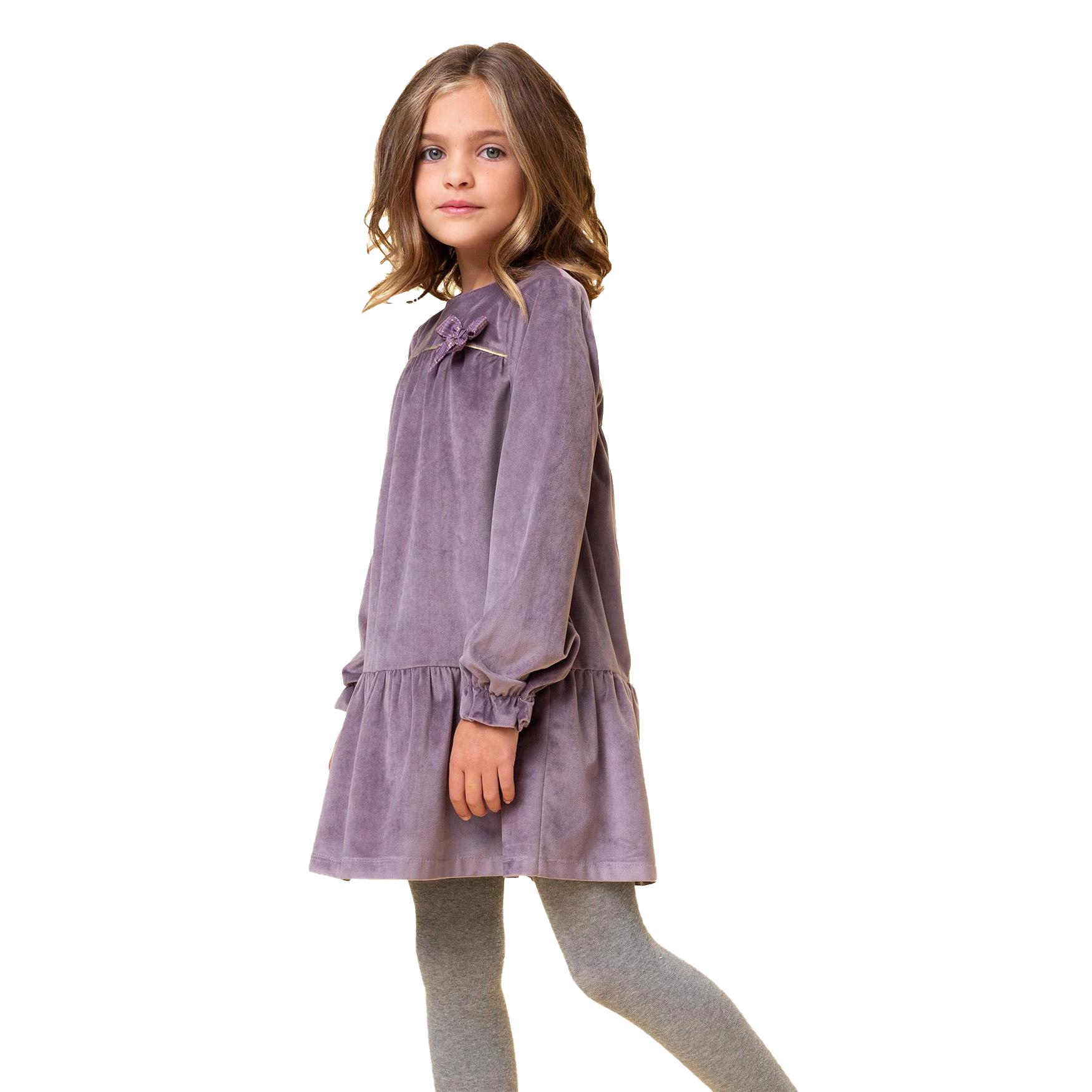 Vestido Manga Larga de Terciopelo Morado Niña Petit Alo- Tacto Extrasuave - Detalle Lazo y Forro de Algodón 100%