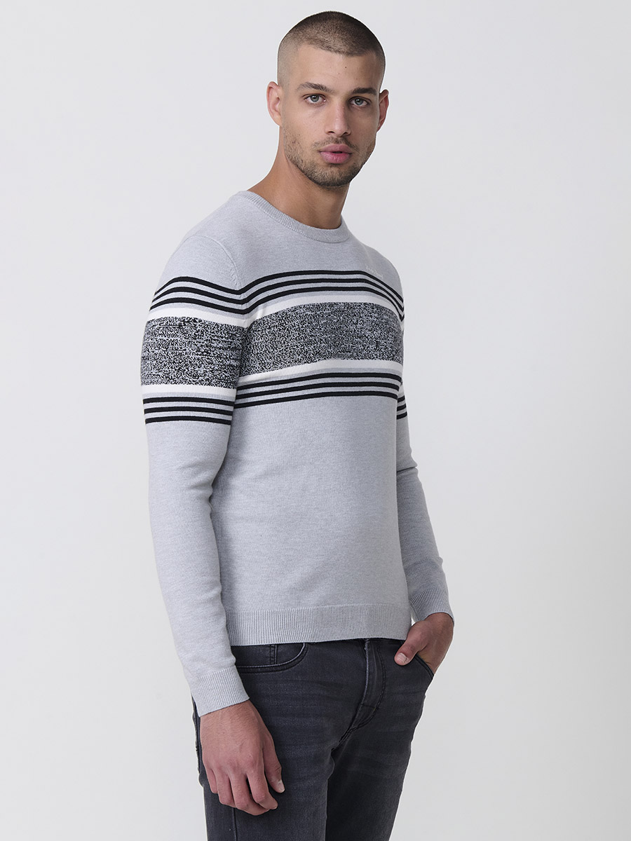 Koroshi - Jersey de punto tricot para hombre con rayas centrales en el pecho, cuello redondo y manga larga, 51% viscosa, 21% poliamida, 28% poliéster, gris o navy
