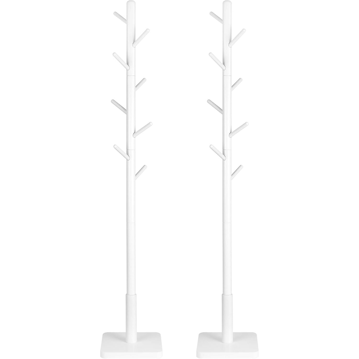 VASAGLE Perchero de Madera Maciza, Juego de 2, Perchero de Pie con 8 Ganchos para Abrigo, Sombrero, Bolso, Cartera, para Entrada, Pasillo, Ganchos y Mástil de Madera de Caucho, Blanco Nube