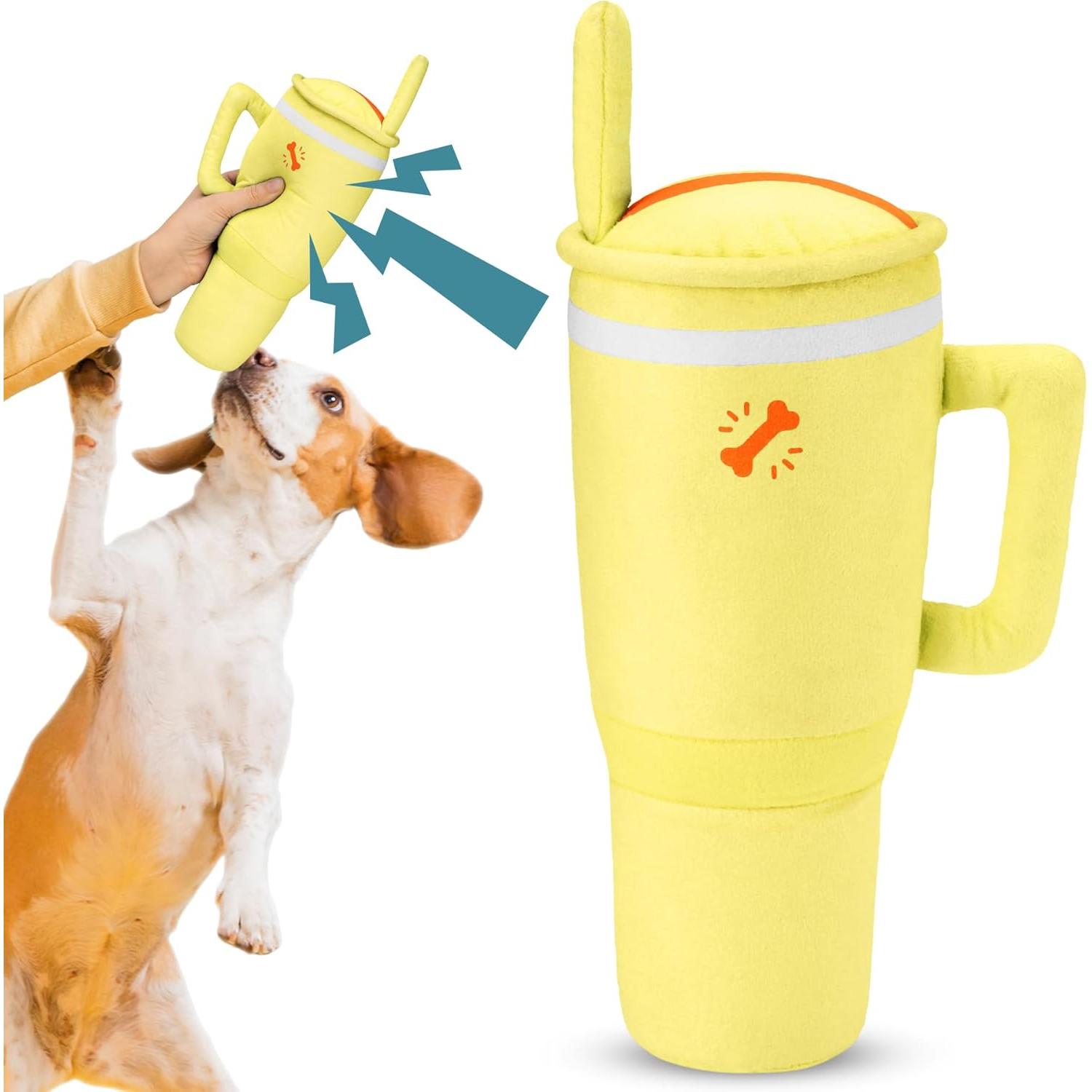 Vaso de juguete interactivo para masticar para perros, juguete duradero para mascotas con diseño único de taza y mango, material resistente a los masticables con sonido estimando, diversión