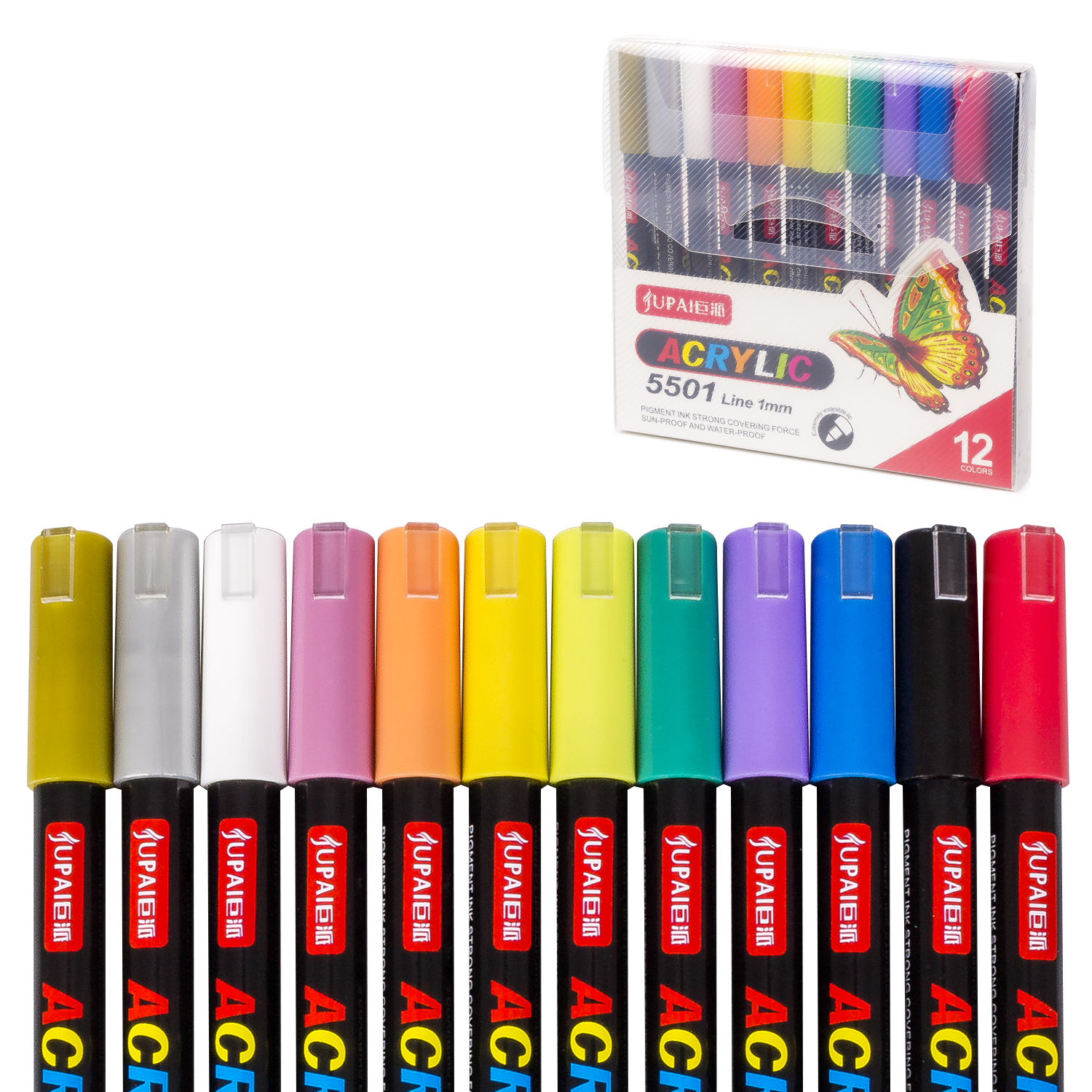 DAM. UPAI Rotuladores con pintura acrílica a base de agua. 12 colores con punta de 0,7-1mm. 1,4x1,04x14,6 cm.
