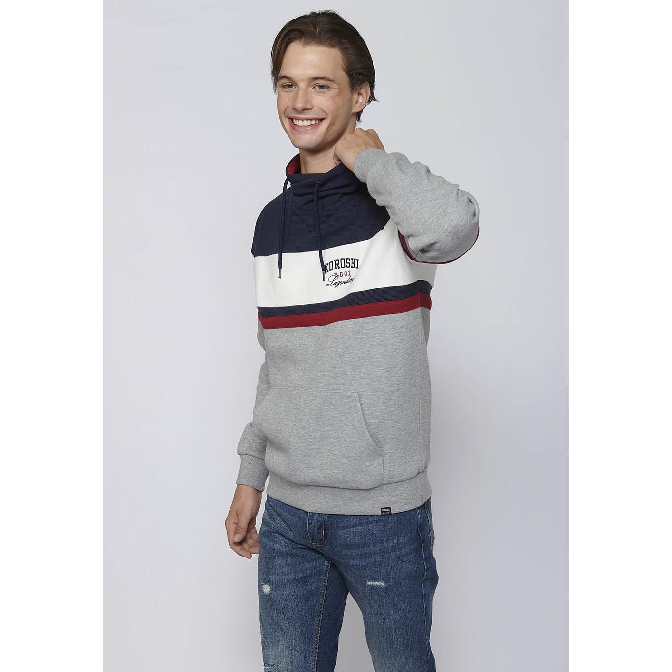 Koroshi - Sudadera con capucha para hombre de algodón y poliéster, diseño color-block navy-blanco-rojo-gris con bordado frontal y bolsillo canguro