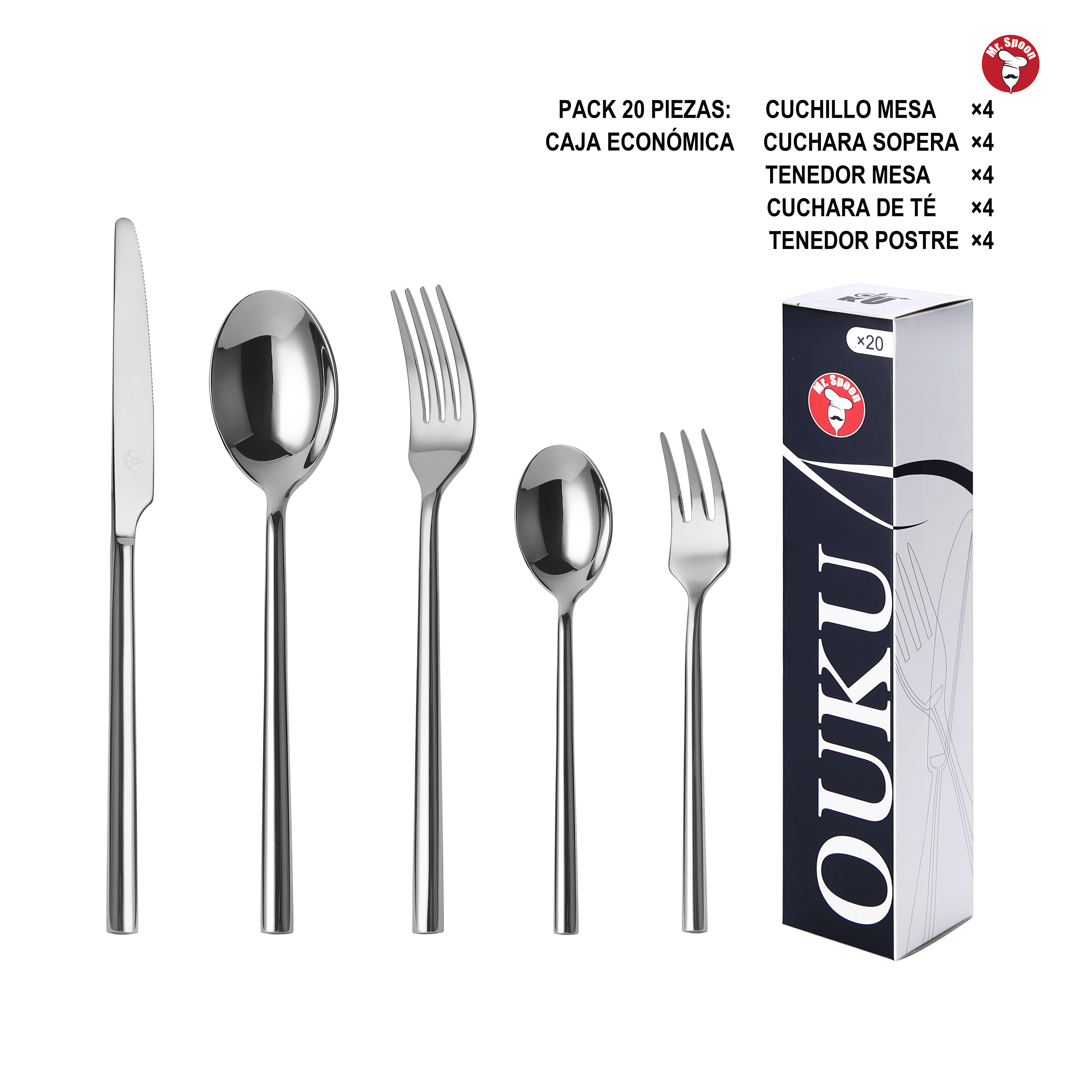 Mr. Spoon Serie Perla Juego 20, 30 o 36 piezas cubiertos, Acero inox 18/10,Alta calidad y acabado.Incluye cuchillo carne o mesa,tenedor,cuchara,cucharilla,etc,Diseño moderno y elegante,Apto para lavavajillas.Caja ecológica,Para Casa,Hotel,Restaurante60501