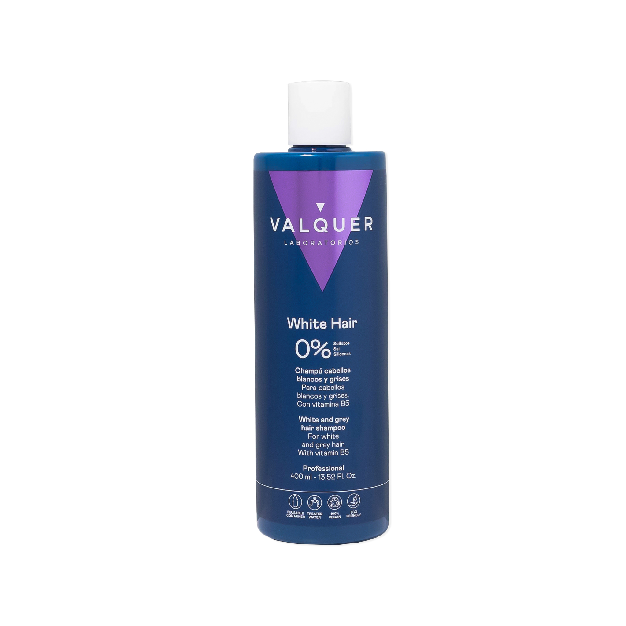 Valquer Champú Zero % para cabellos blancos y grises. Una exigente formulación de Valquer Laboratorios diseñada para matizar y potenciar el deslumbrante reflejo plateado de los mismos. Vegano, sin sulfatos, sal, siliconas ó MIT y Pantenol.
