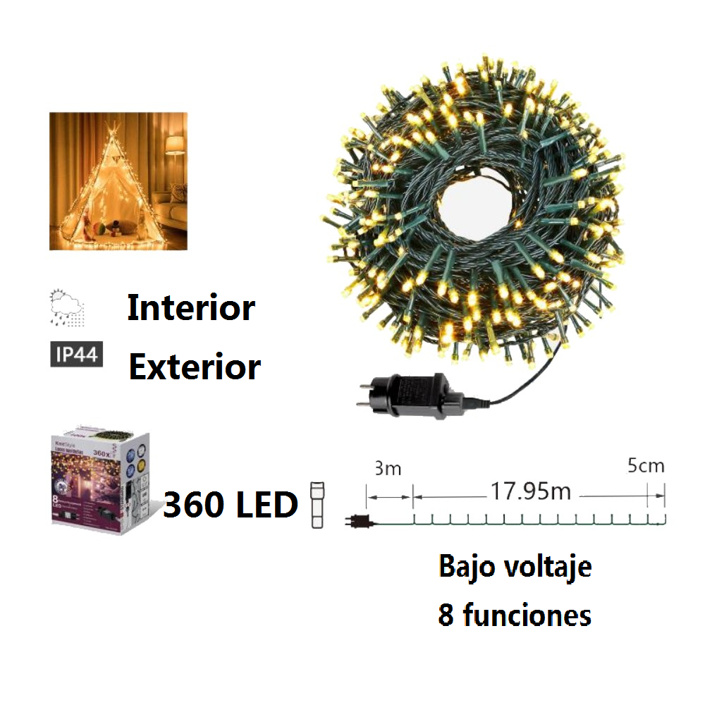 Guirnalda de Luces LED para Navidad - 8 funciones; Ideal para decorar árboles de Navidad tanto en interiores como exteriores - Kmt Style