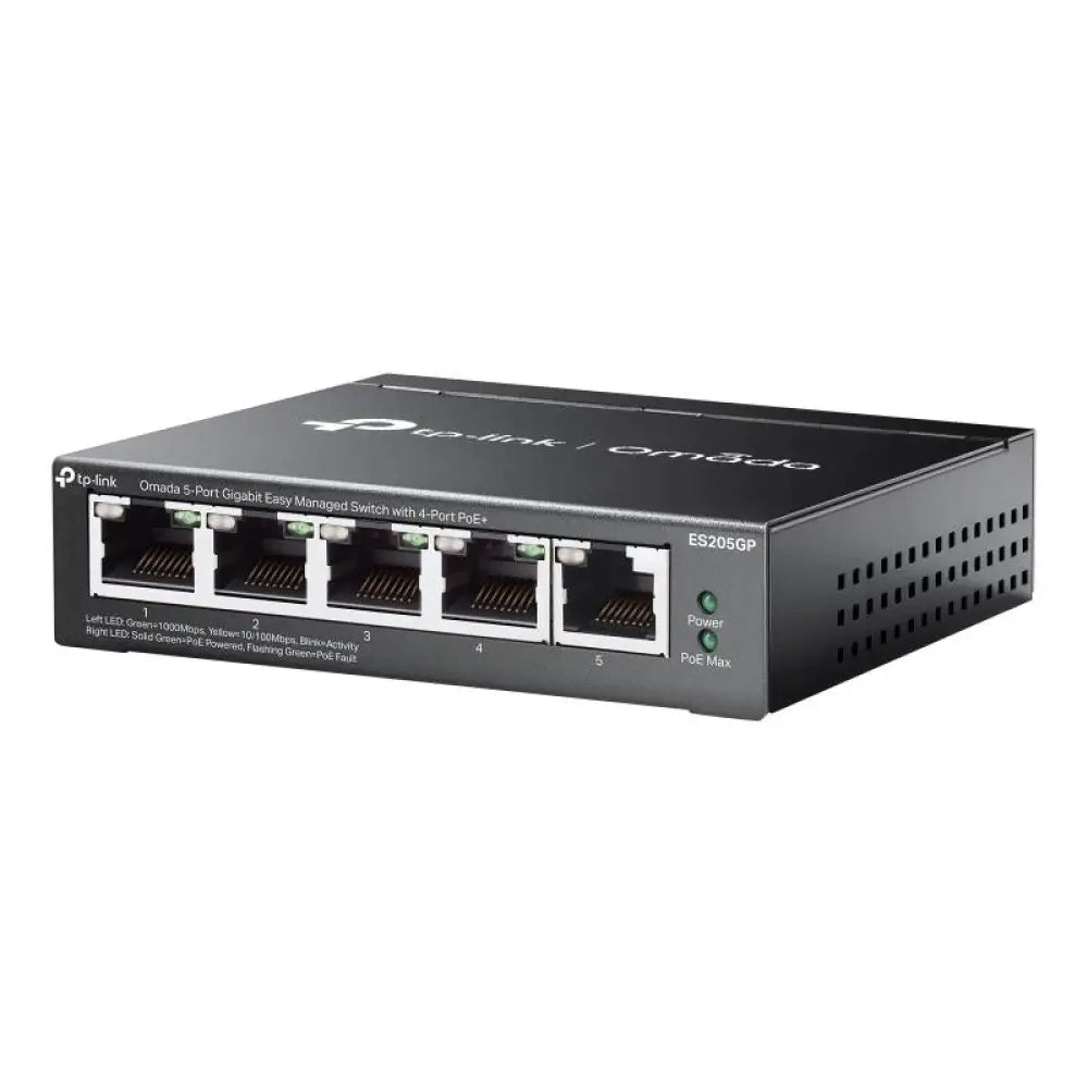 TP-Link - Switch 4xGb PoE+ 1xGb 65W Desktop ES205GP con 5 puertos RJ45, gestión Omada y protección PoE hasta 250 m