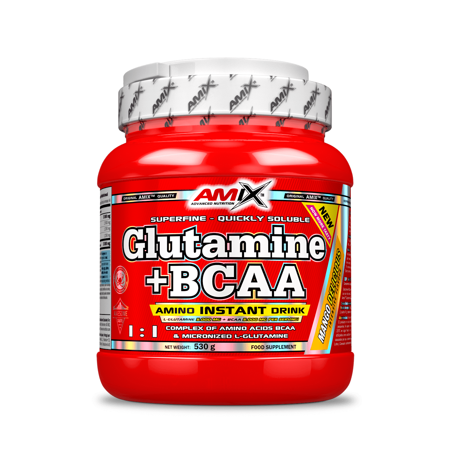 Glutamine + BCAA 530g  Cada porción de 12g aporta 5.000 mg de BCAA y 5.000 mg de glutamina  Amix Nutrition