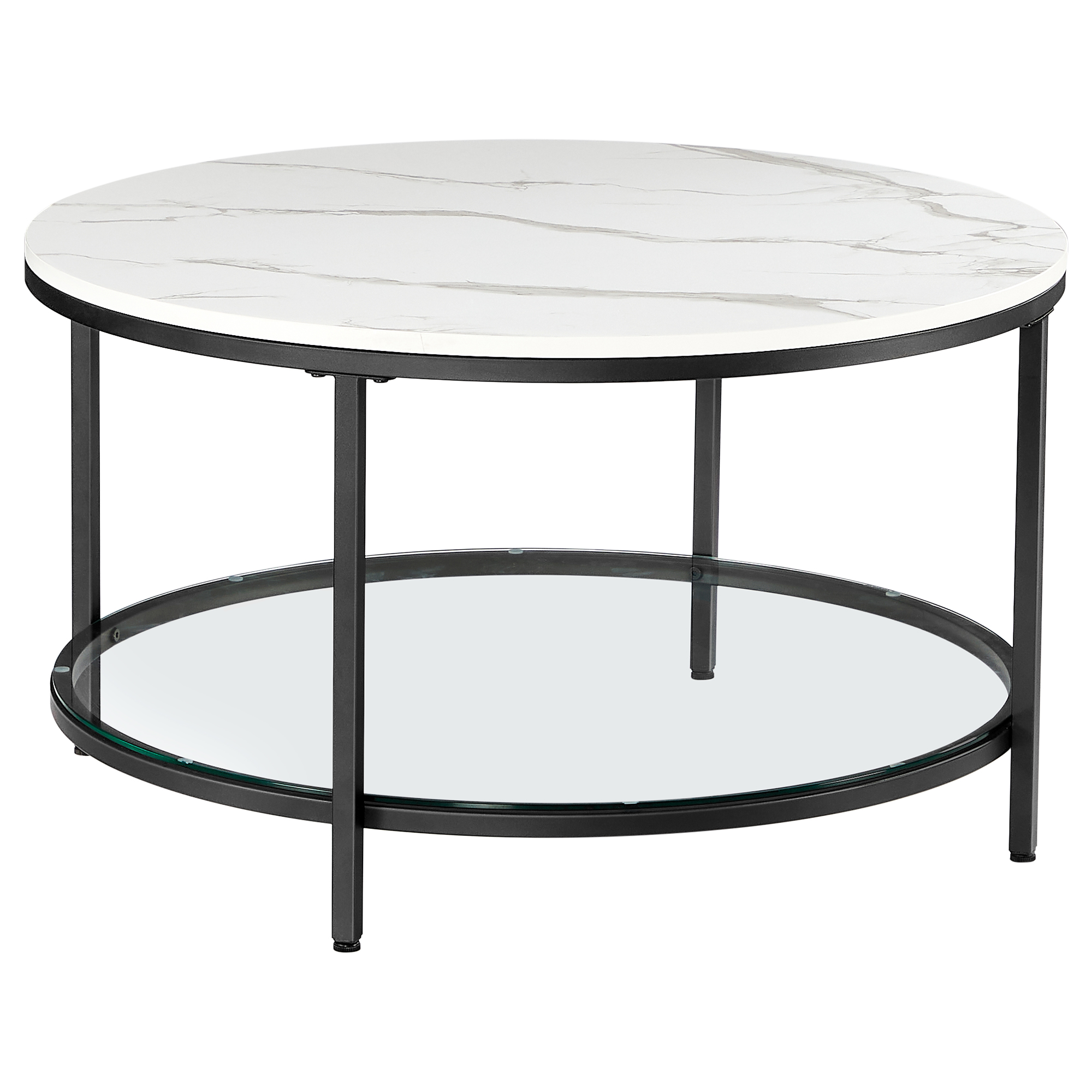 VASAGLE Mesa de Centro, Mesa de Salón, Mesa de Sofá de Mármol de Imitación Redonda, Estante de Vidrio Templado, Montaje Fácil, Estilo Moderno, Salón, Blanco Mármol y Dorado Métalico/Blanco Mármol y Negro Tinta/Mármol Negro y Negro Tinta