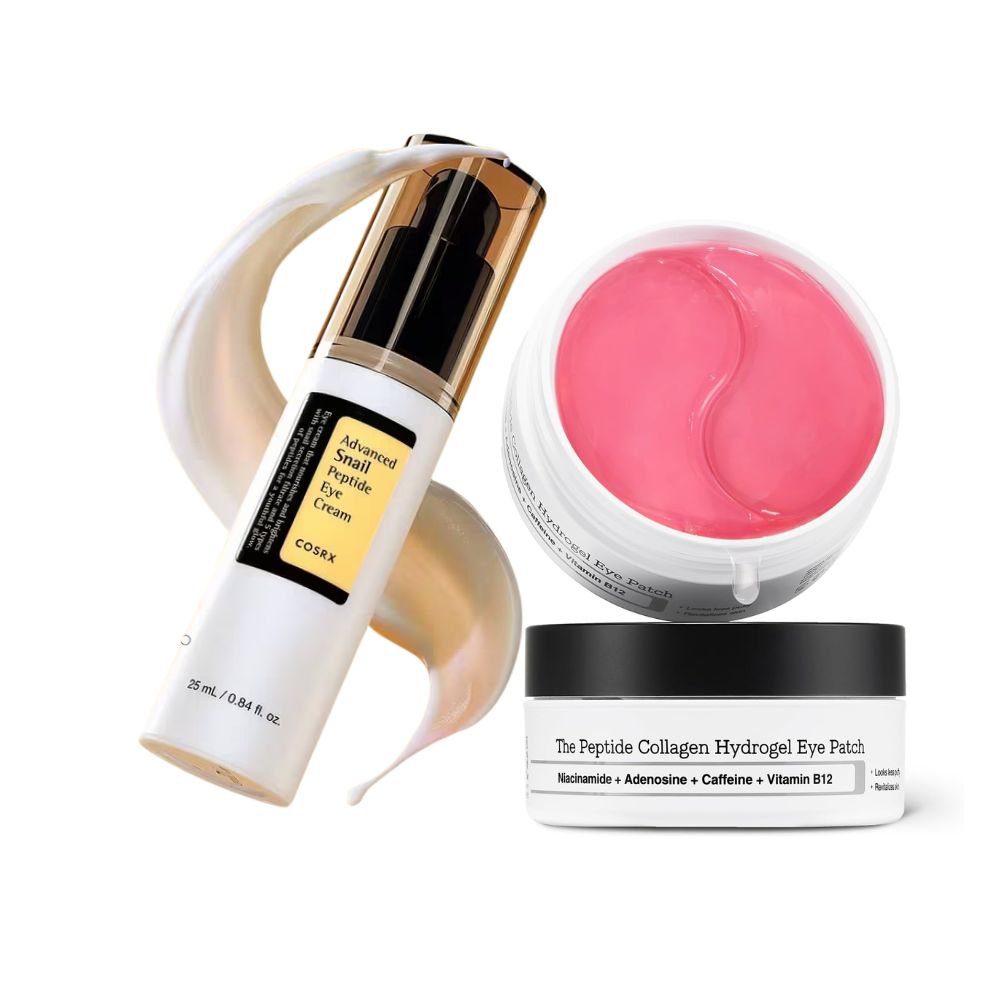 PACK CONTORNO DE OJOS COSRX | Contorno de ojos Advanced Snail Peptide 25 ml + Parches Pink Peptide Collagen (60 uds) para bolsas, ojeras y líneas finas