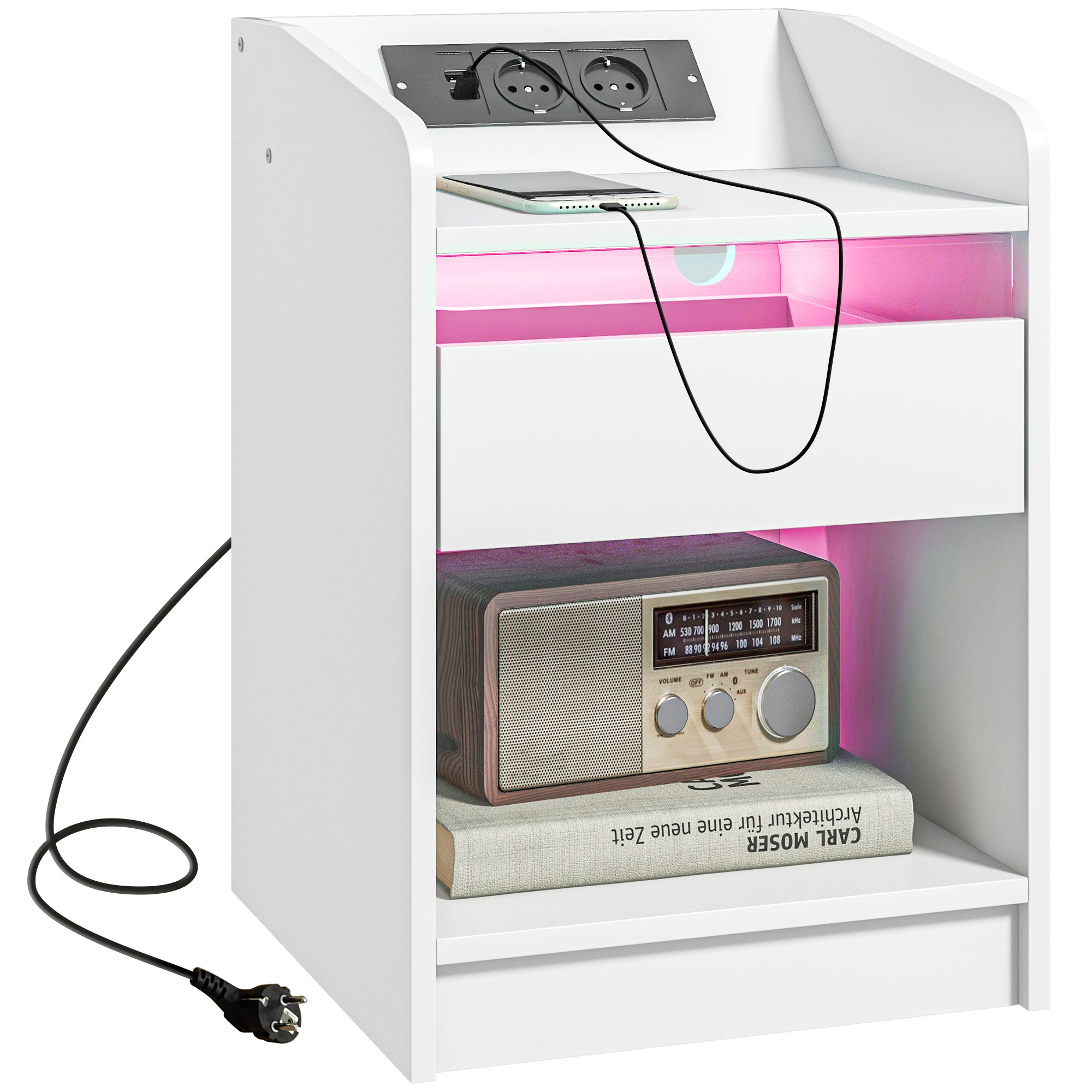 HOMCOM Mesita de Noche con Estación de Carga y Luz LED RGB, Mesilla de Noche Dormitorio con Cajón, Estante Abierto, Puertos USB y Control Remoto, para Salón, Estudio, 40x40x58 cm, Blanco