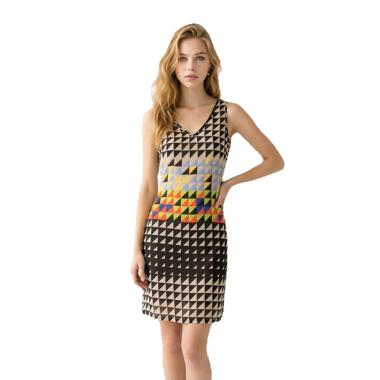 Vestido fluido Marca BanBat estampado para mujer de 100% poliéster, con cuello redondo y escote en V, sin mangas y cremallera trasera — ideal para eventos, vacaciones o look diario elegante- REF: D757