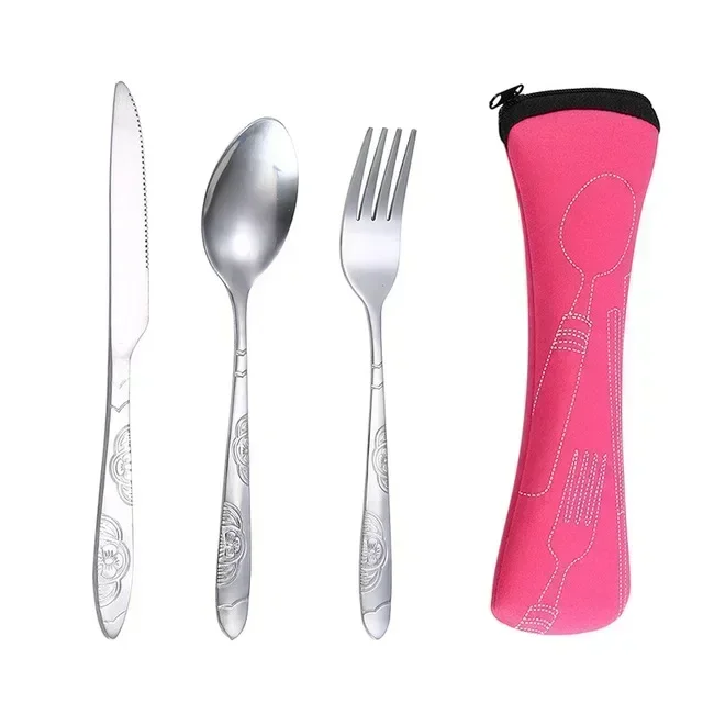 TK Juego De 3 Piezas De Cutlería Portátil Para Viajes Estilo Occidental Cuchillo De Carne Fork Cuchara De Acero Inoxidable Conjunto Completo De Utensilios De Cocina Para Uso Doméstico Y Exterior