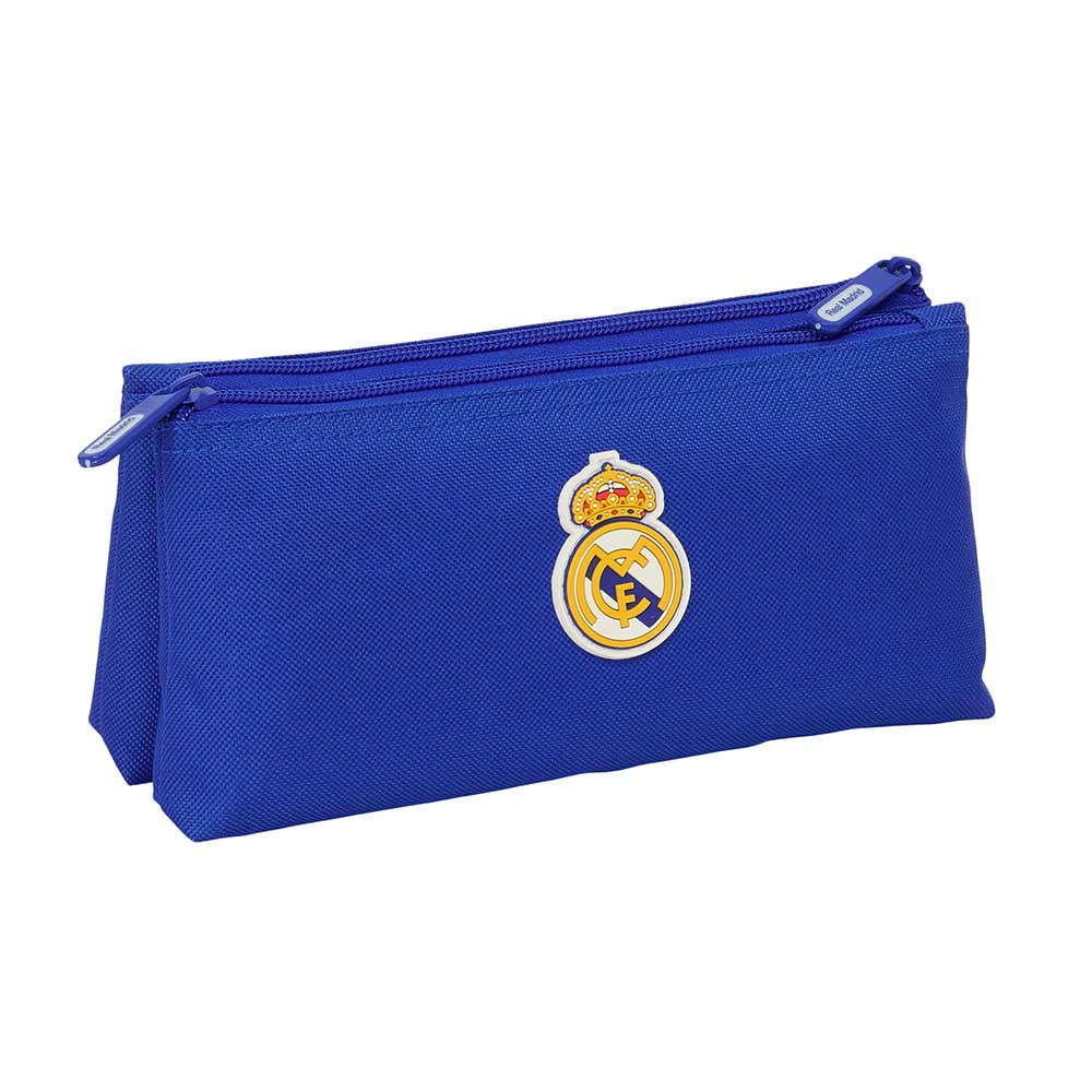 SAFTA | Neceser Pequeño Doble Real Madrid Organizador Escolar con Dos Compartimentos y Cremallera, 2 Compartimentos Separados con Cremallera, Asa Lateral de Mano, Color Azul con Escudo