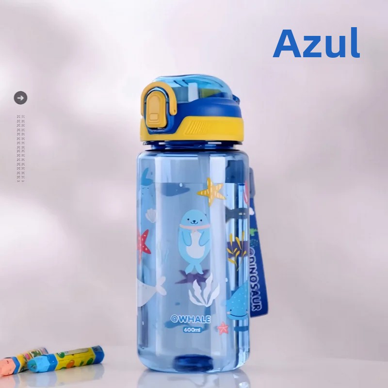 TK Botella De Agua Para Niños 600ml Con Palanca De Silicona Y Cierre Antigrifo Plástico Ecológico Para Verano Dinosaurio
